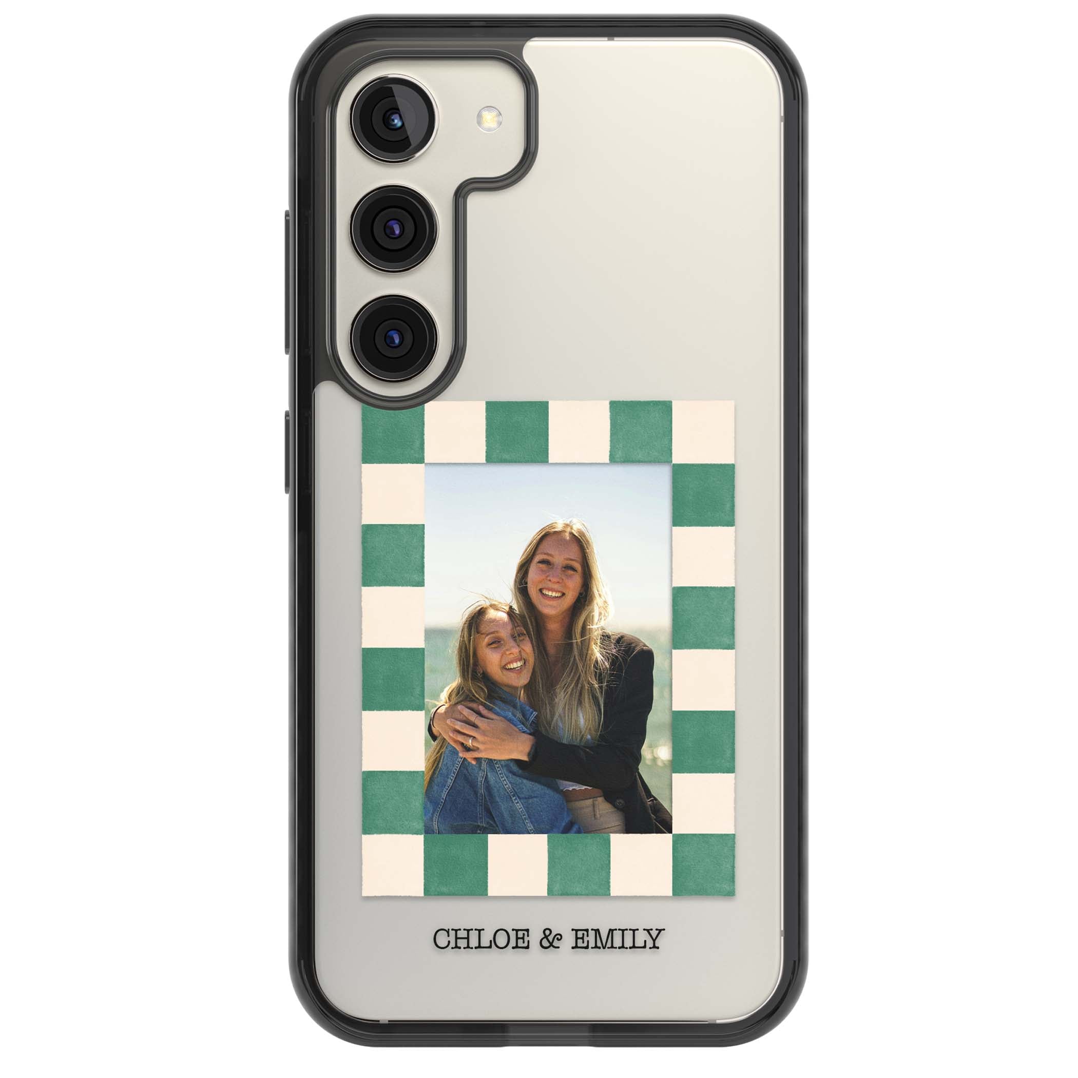 Seafoam Check Photo personalised iPhone case featuring a custom polaroid photo, green and cream checkered frame, and custom n | Black Impact case for Samsung Galaxy S24, Samsung Galaxy S23, Samsung Galaxy S22