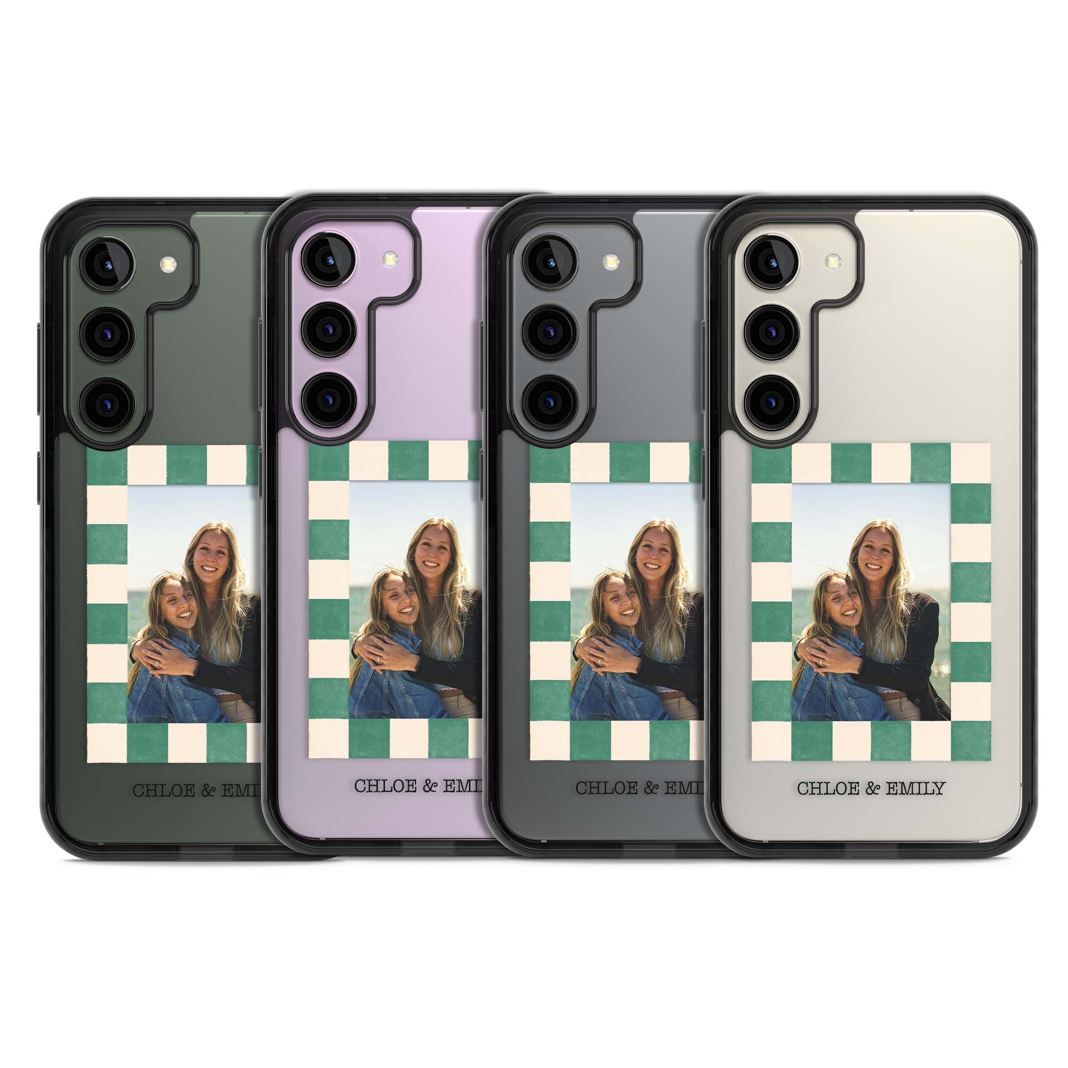 Seafoam Check Photo personalised iPhone case featuring a custom polaroid photo, green and cream checkered frame, and custom n | Black Impact case for Samsung Galaxy S24, Samsung Galaxy S23, Samsung Galaxy S22