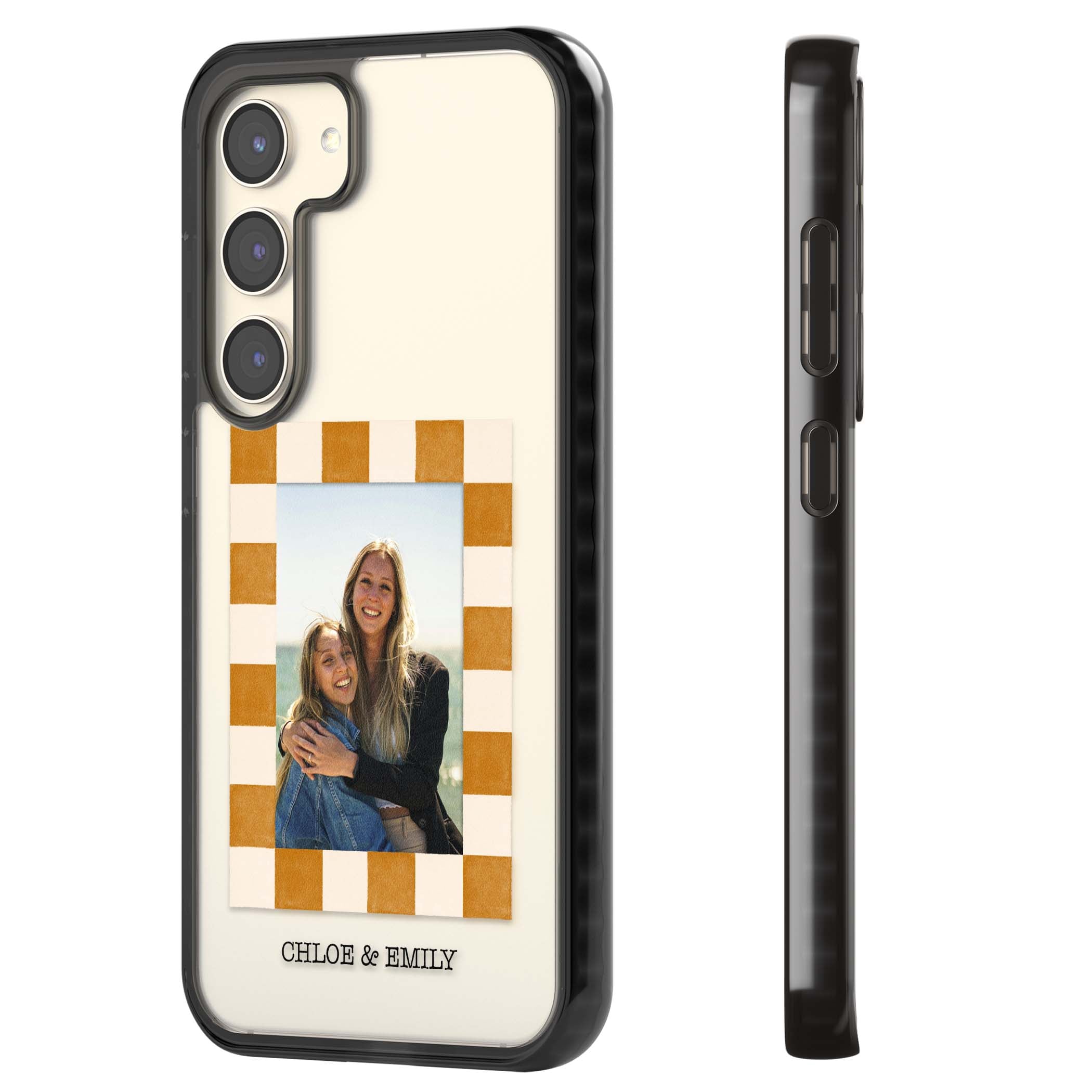 Citrus Check Photo personalised iPhone case with custom photo, orange checkered frame and names underneath | Black Impact case for Samsung Galaxy S24, Samsung Galaxy S23, Samsung Galaxy S22