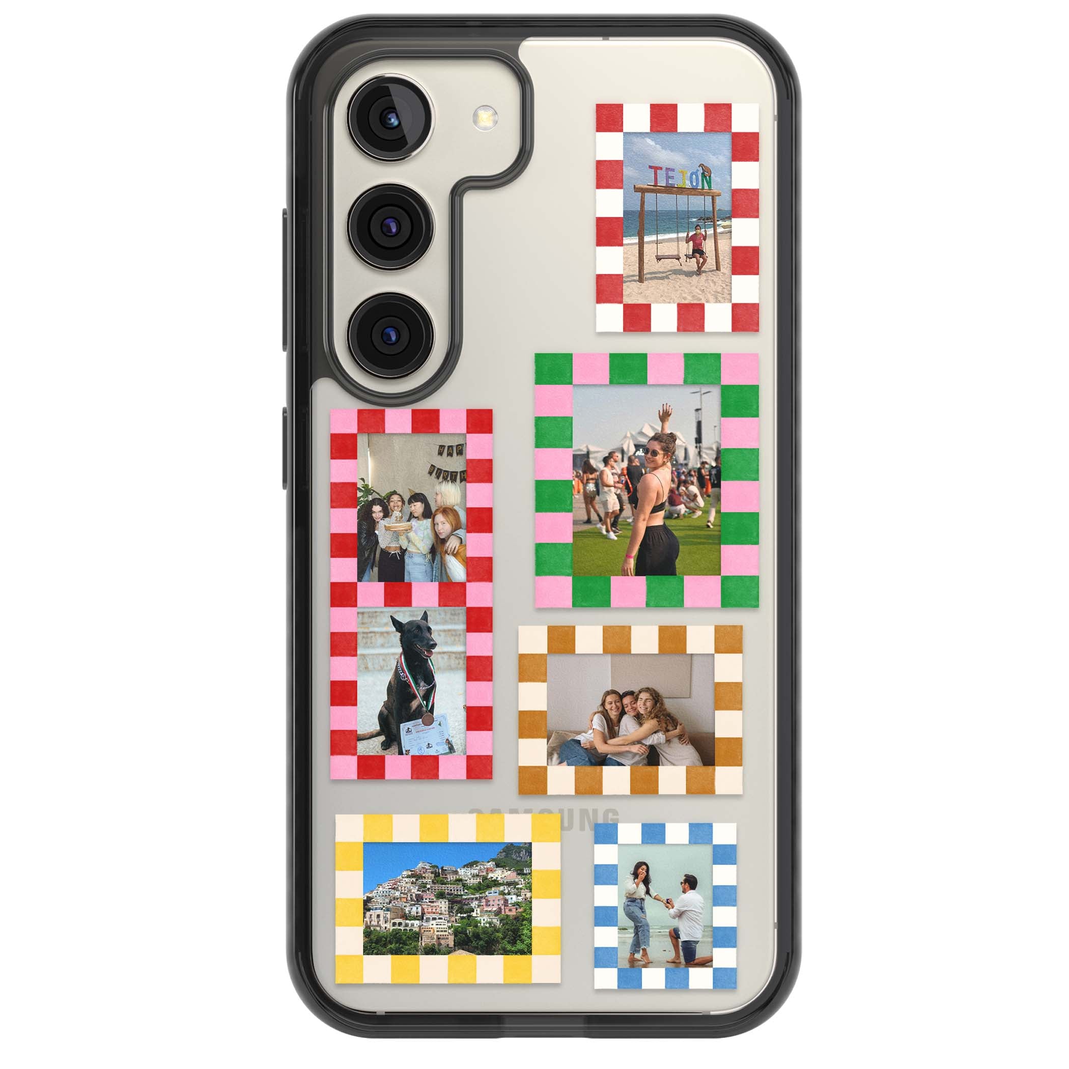 Italian Check Frames custom photo collage iPhone case featuring six checkered photo frames in red, green, pink and | Black Impact case for Samsung Galaxy S24, Samsung Galaxy S23, Samsung Galaxy S22