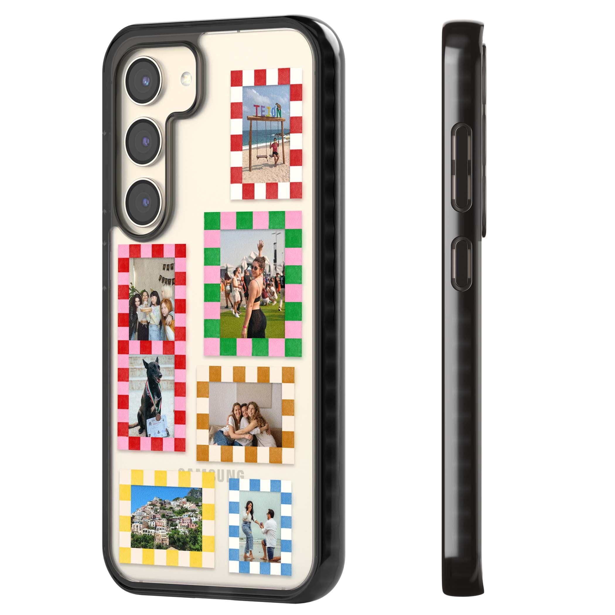 Italian Check Frames custom photo collage iPhone case featuring six checkered photo frames in red, green, pink and | Black Impact case for Samsung Galaxy S24, Samsung Galaxy S23, Samsung Galaxy S22