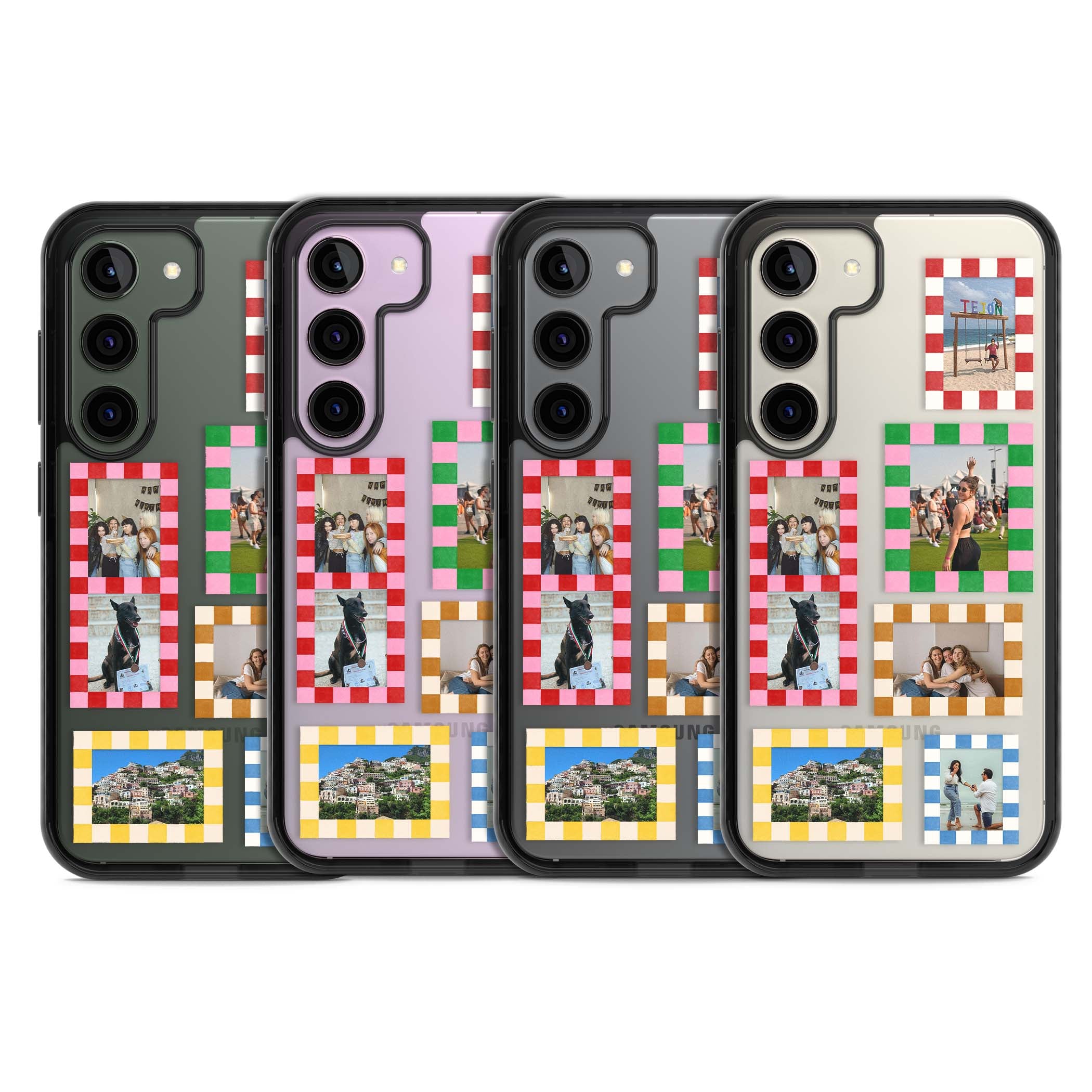 Italian Check Frames custom photo collage iPhone case featuring six checkered photo frames in red, green, pink and | Black Impact case for Samsung Galaxy S24, Samsung Galaxy S23, Samsung Galaxy S22