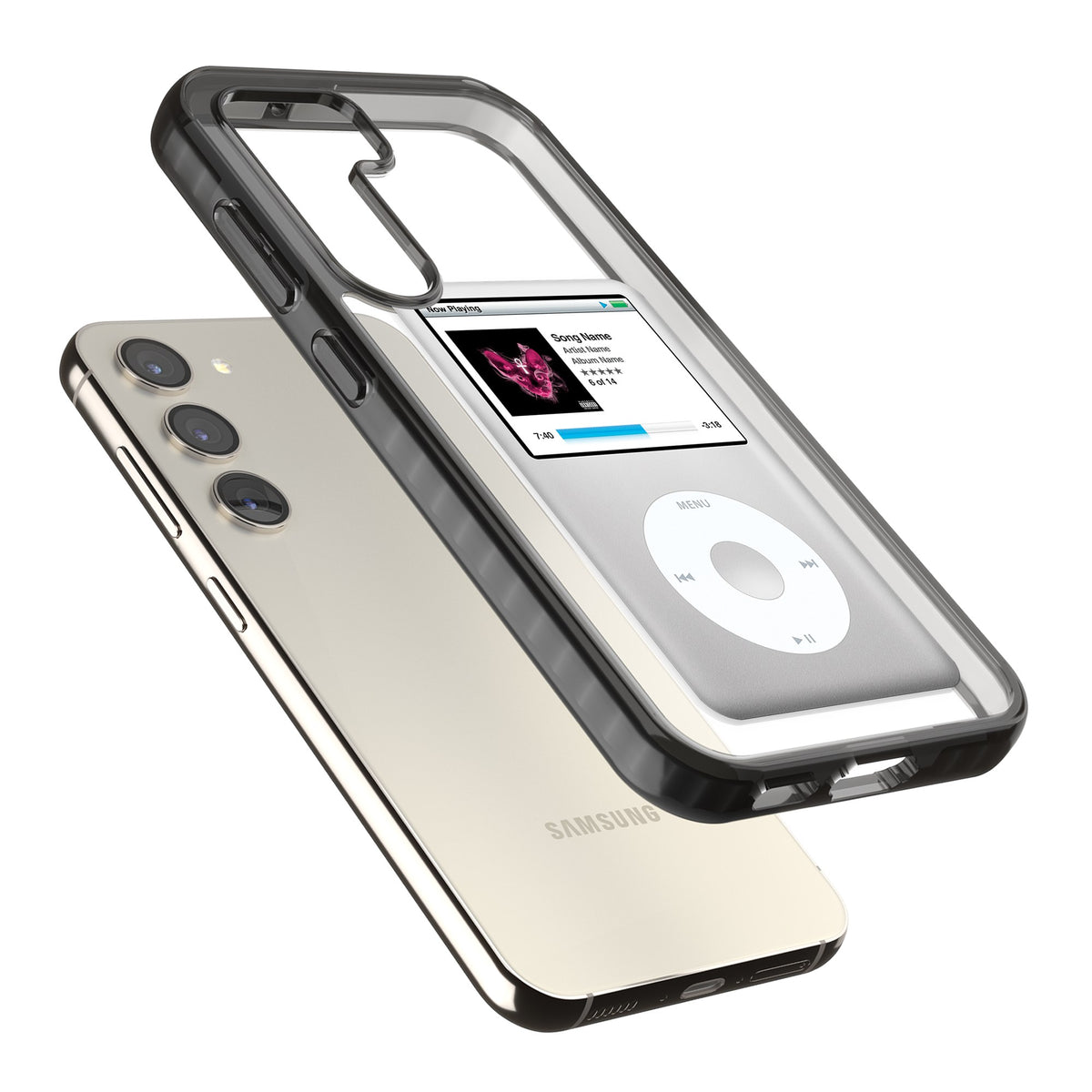 Personalised Classic Ipod Samsung S22 / Samsung S22 Plus / Samsung S23 / Samsung S23 Plus / Samsung S24 / Samsung S24 Plus Impact Black Phone Case angled
