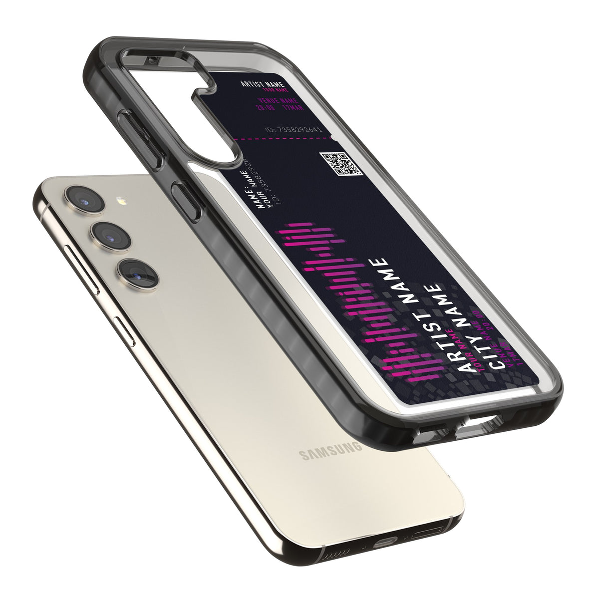 Personalised Concert Ticket Samsung S22 / Samsung S22 Plus / Samsung S23 / Samsung S23 Plus / Samsung S24 / Samsung S24 Plus Impact Black Phone Case angled