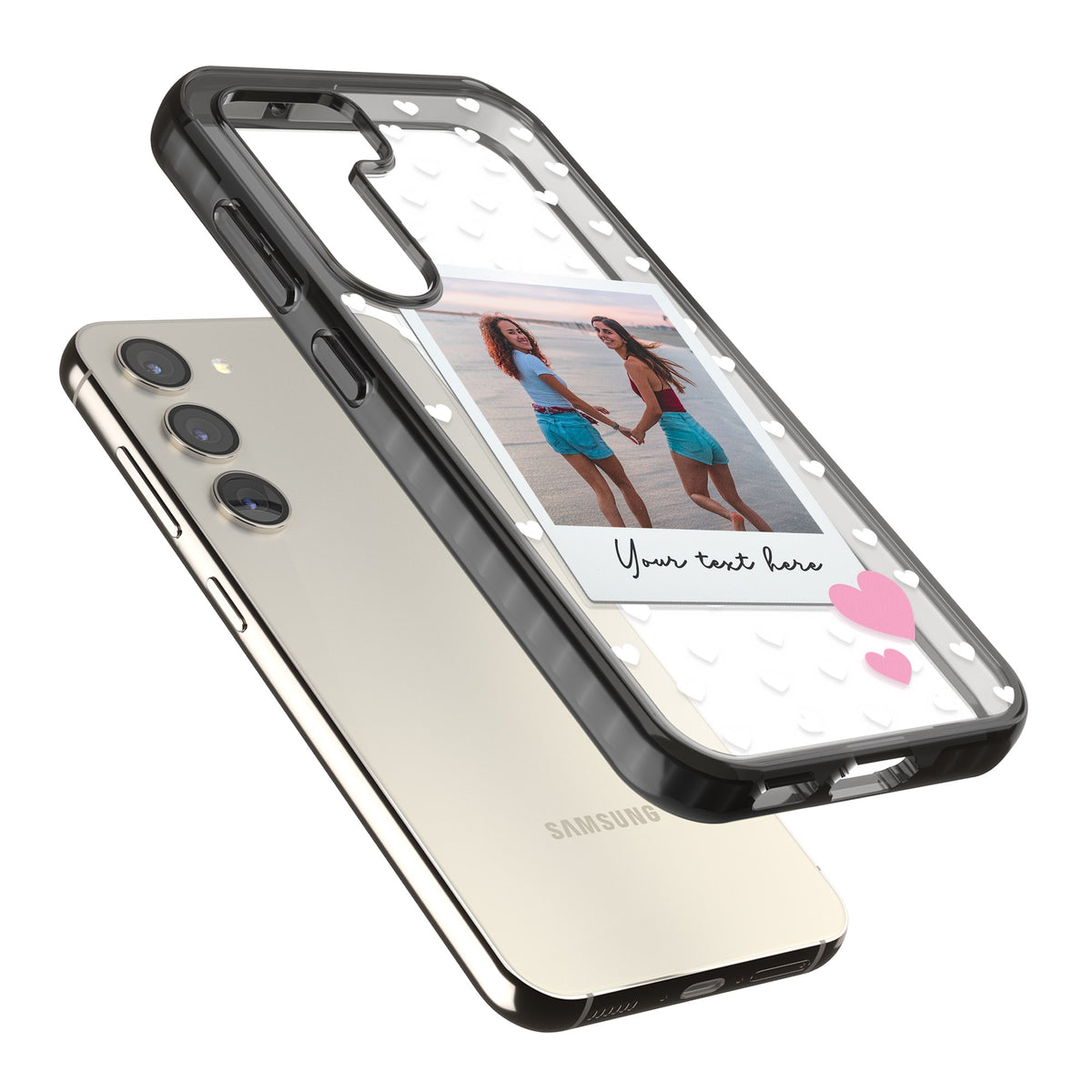 Personalised Hearts Instant Camera Photo Samsung S22 / Samsung S22 Plus / Samsung S23 / Samsung S23 Plus / Samsung S24 / Samsung S24 Plus Impact Black Phone Case angled