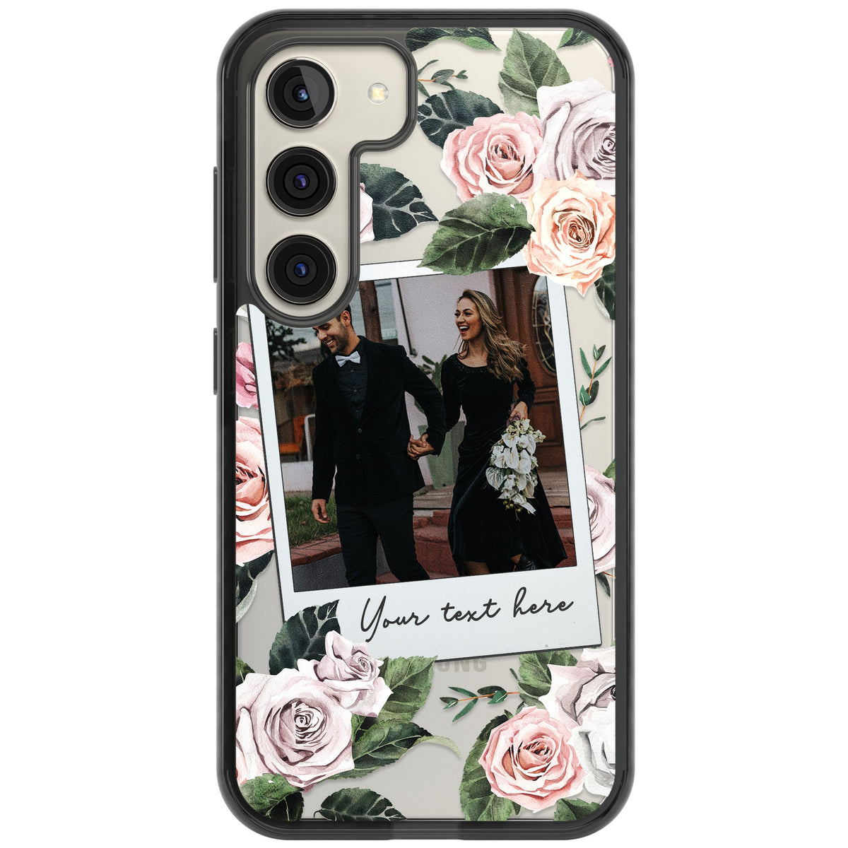 Personalised Floral Polaroid Samsung S22 / Samsung S22 Plus / Samsung S23 / Samsung S23 Plus / Samsung S24 / Samsung S24 Plus Impact Black Phone Case front