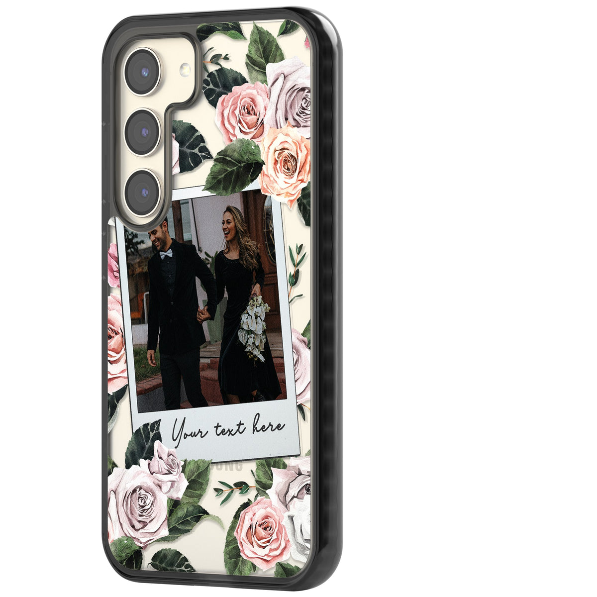 Personalised Floral Polaroid Samsung S22 / Samsung S22 Plus / Samsung S23 / Samsung S23 Plus / Samsung S24 / Samsung S24 Plus Impact Black Phone Case side