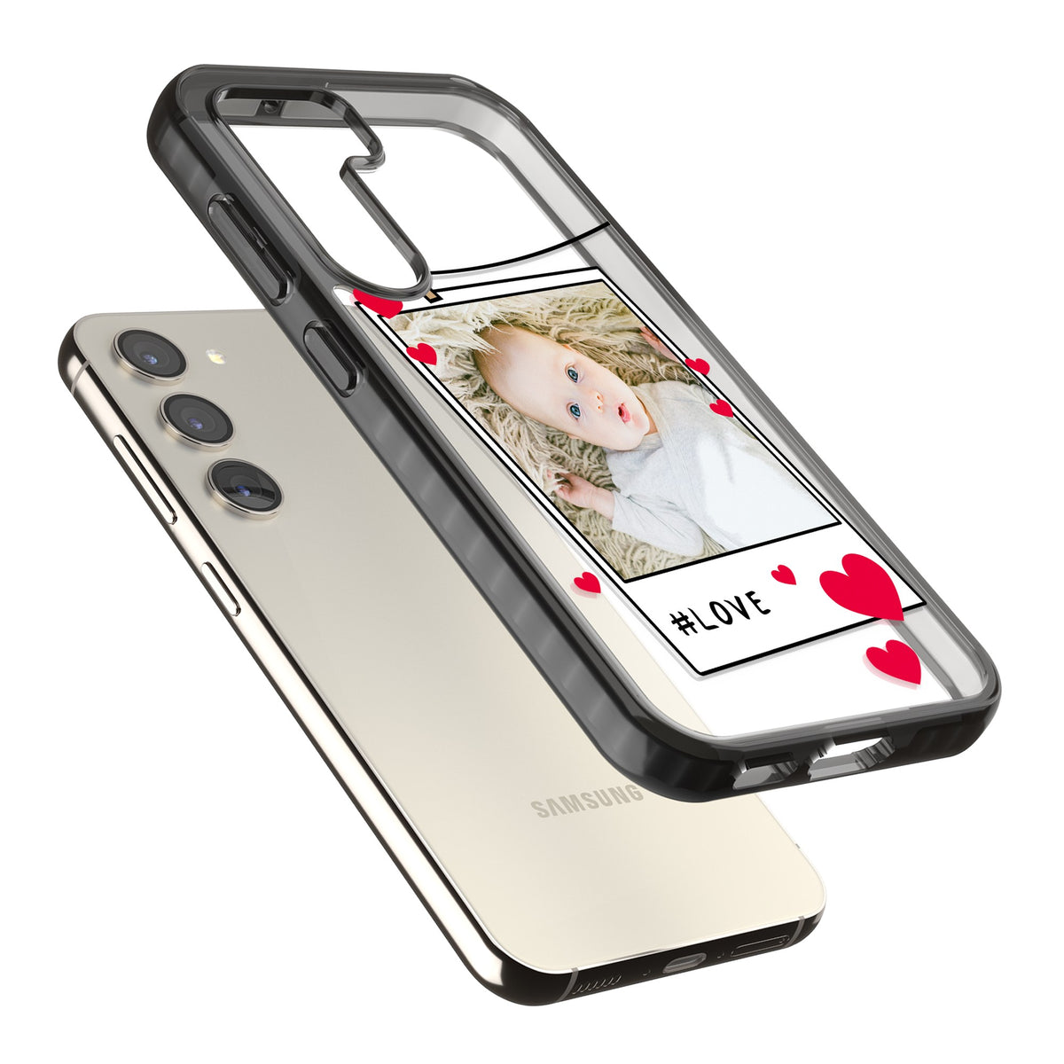 Personalised Paperclip & Hearts Polaroid Samsung S22 / Samsung S22 Plus / Samsung S23 / Samsung S23 Plus / Samsung S24 / Samsung S24 Plus Impact Black Phone Case angled