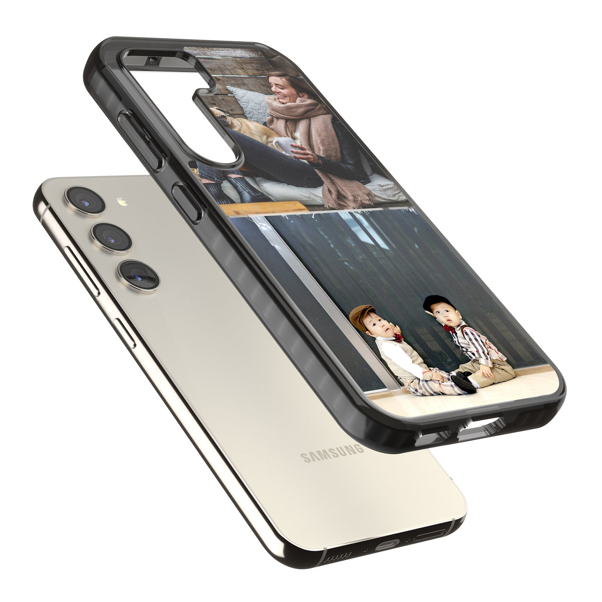 Personalised 2 Photo Grid Samsung S22 / Samsung S22 Plus / Samsung S23 / Samsung S23 Plus / Samsung S24 / Samsung S24 Plus Impact Black Phone Case angled