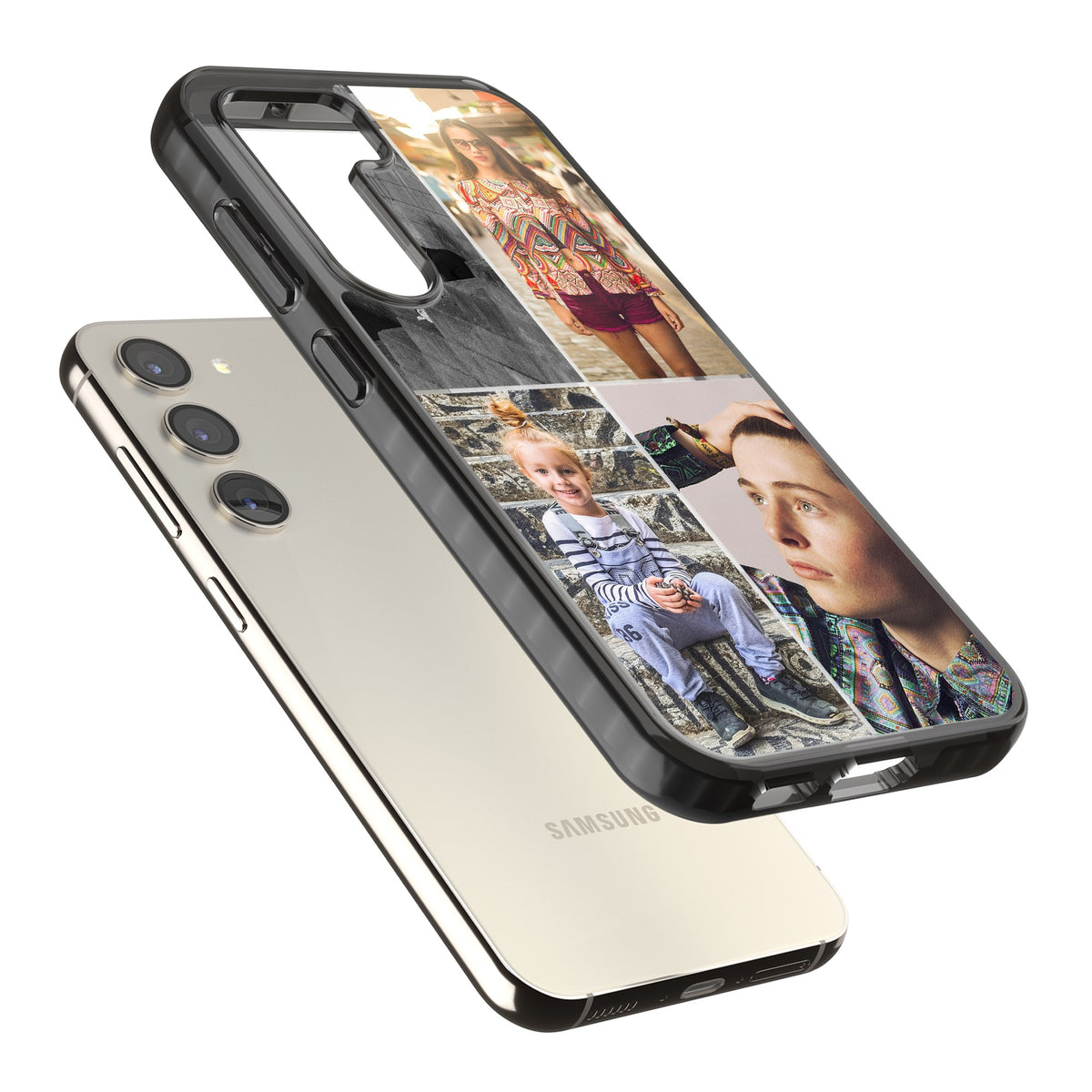 Personalised 4 Photo Grid Samsung S22 / Samsung S22 Plus / Samsung S23 / Samsung S23 Plus / Samsung S24 / Samsung S24 Plus Impact Black Phone Case angled