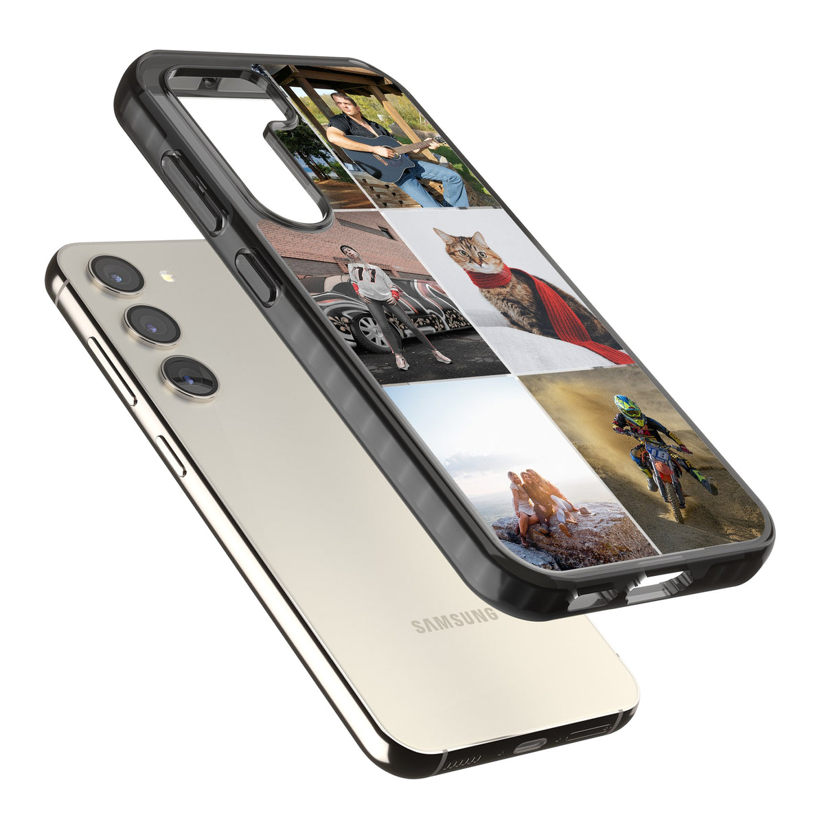 Personalised 6 Photo Grid Samsung S22 / Samsung S22 Plus / Samsung S23 / Samsung S23 Plus / Samsung S24 / Samsung S24 Plus Impact Black Phone Case angled