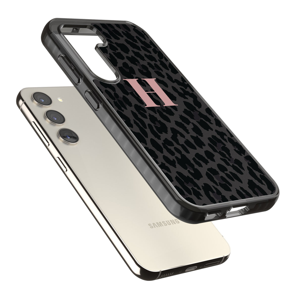 Personalised Leopard Pink Monogram Samsung S22 / Samsung S22 Plus / Samsung S23 / Samsung S23 Plus / Samsung S24 / Samsung S24 Plus Impact Black Phone Case angled