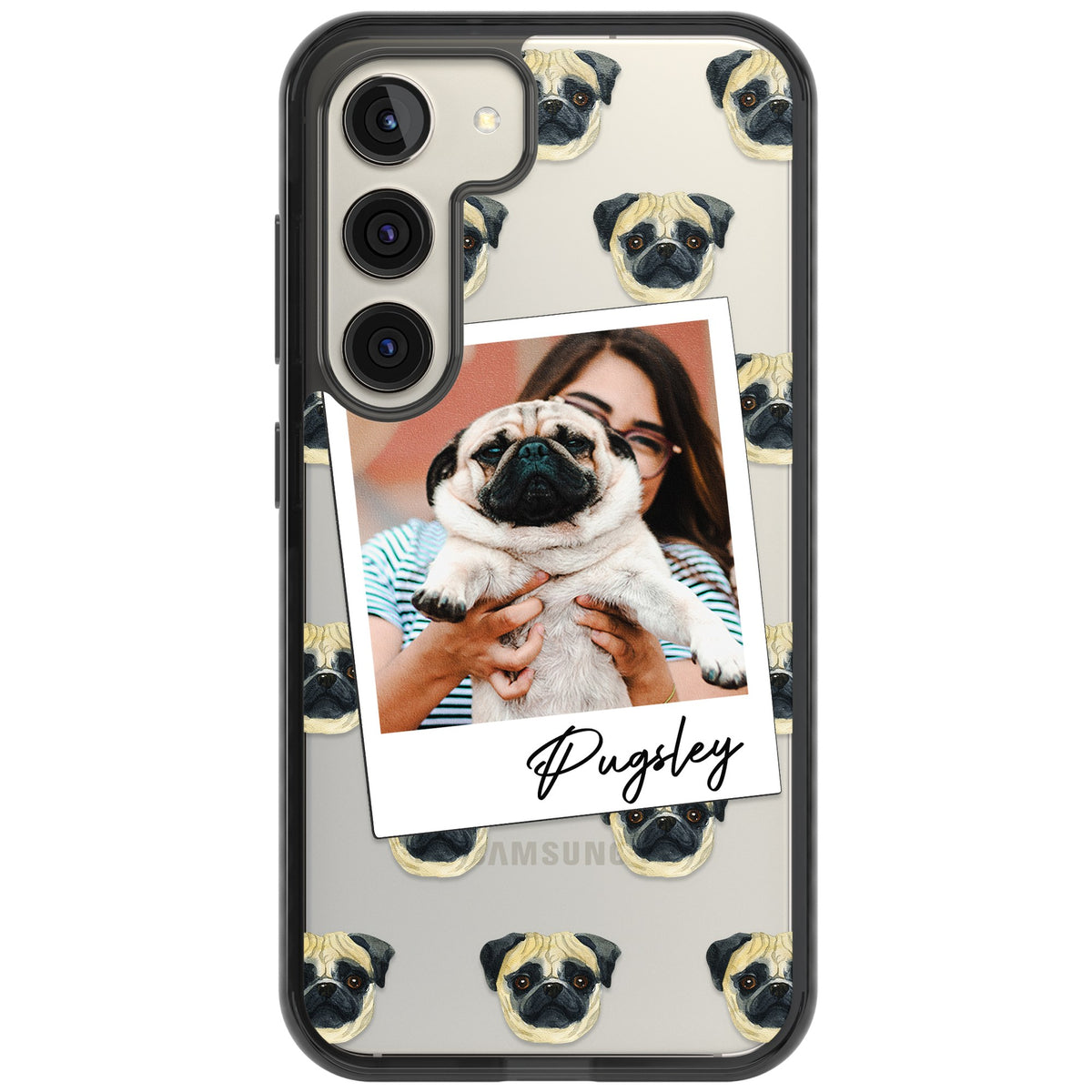 Personalised Pug Instant Camera Photo Samsung S22 / Samsung S22 Plus / Samsung S23 / Samsung S23 Plus / Samsung S24 / Samsung S24 Plus Impact Black Phone Case front