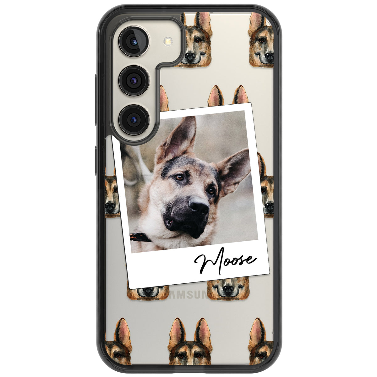 Personalised German Shepherd Instant Camera Photo Samsung S22 / Samsung S22 Plus / Samsung S23 / Samsung S23 Plus / Samsung S24 / Samsung S24 Plus Impact Black Phone Case front