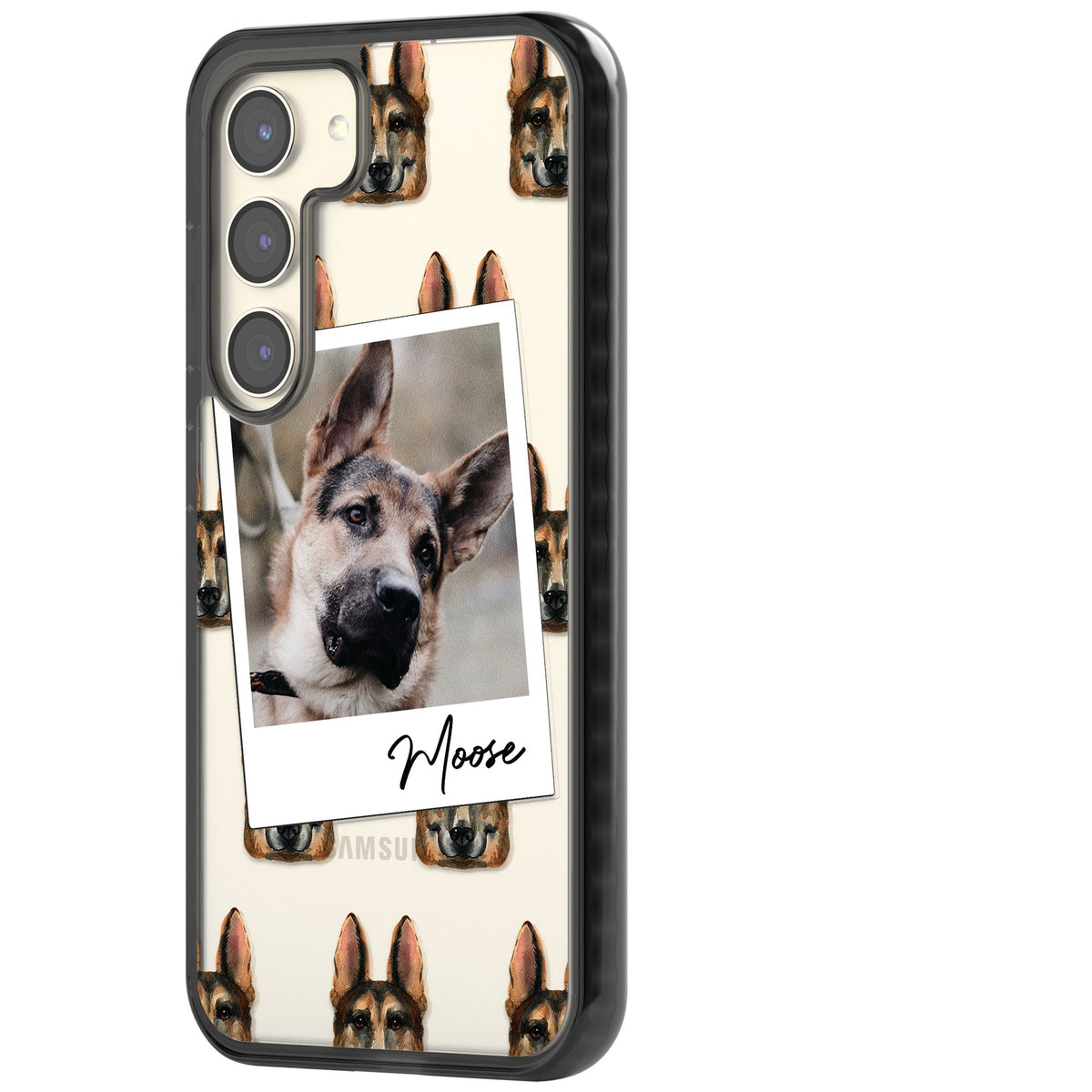 Personalised German Shepherd Instant Camera Photo Samsung S22 / Samsung S22 Plus / Samsung S23 / Samsung S23 Plus / Samsung S24 / Samsung S24 Plus Impact Black Phone Case side