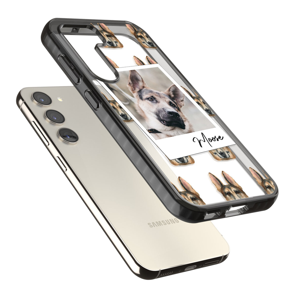 Personalised German Shepherd Instant Camera Photo Samsung S22 / Samsung S22 Plus / Samsung S23 / Samsung S23 Plus / Samsung S24 / Samsung S24 Plus Impact Black Phone Case angled