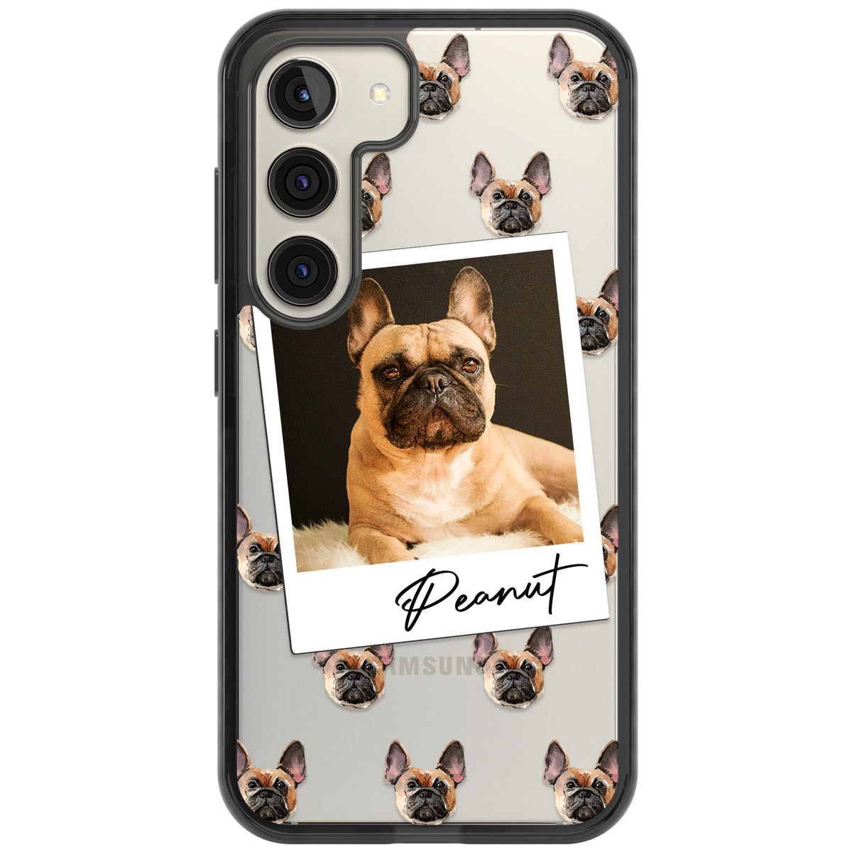 Personalised Tan French Bulldog Instant Camera Photo Samsung S22 / Samsung S22 Plus / Samsung S23 / Samsung S23 Plus / Samsung S24 / Samsung S24 Plus Impact Black Phone Case front