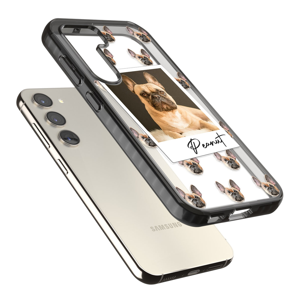 Personalised Tan French Bulldog Instant Camera Photo Samsung S22 / Samsung S22 Plus / Samsung S23 / Samsung S23 Plus / Samsung S24 / Samsung S24 Plus Impact Black Phone Case angled