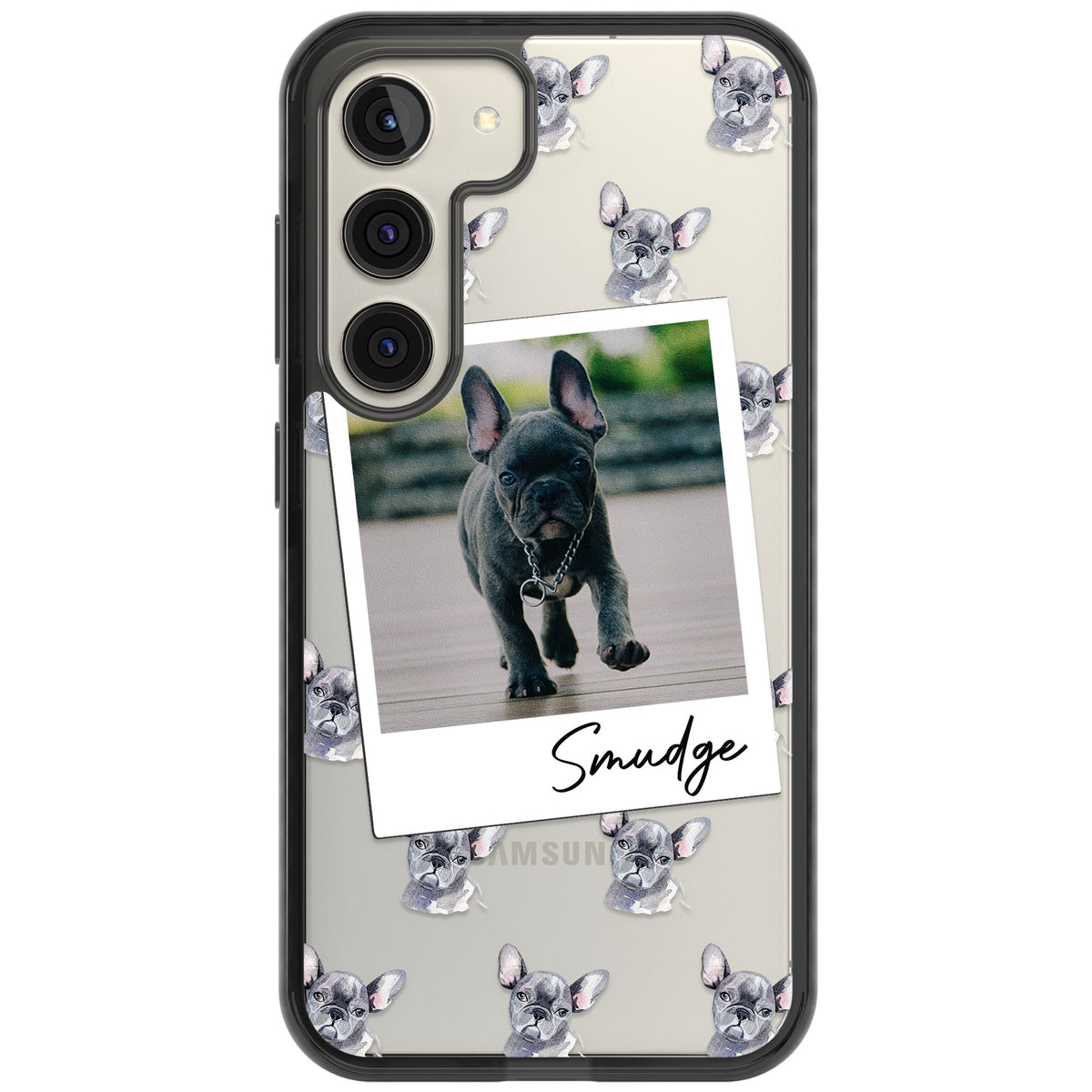 Personalised Grey French Bulldog Instant Camera Photo Samsung S22 / Samsung S22 Plus / Samsung S23 / Samsung S23 Plus / Samsung S24 / Samsung S24 Plus Impact Black Phone Case front