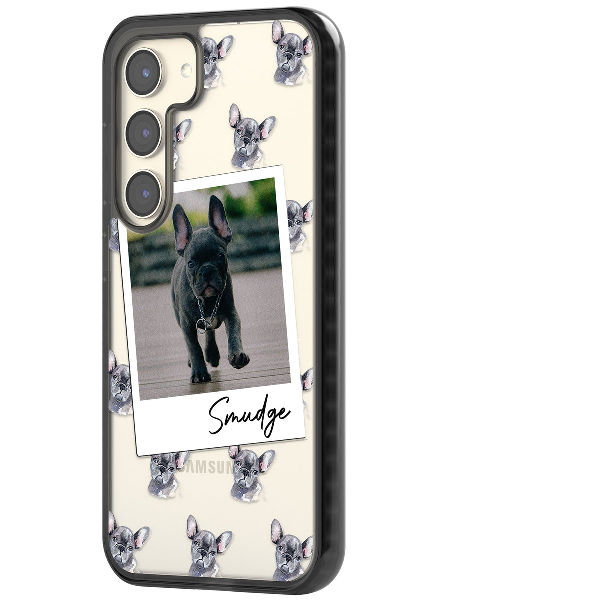 Personalised Grey French Bulldog Instant Camera Photo Samsung S22 / Samsung S22 Plus / Samsung S23 / Samsung S23 Plus / Samsung S24 / Samsung S24 Plus Impact Black Phone Case side