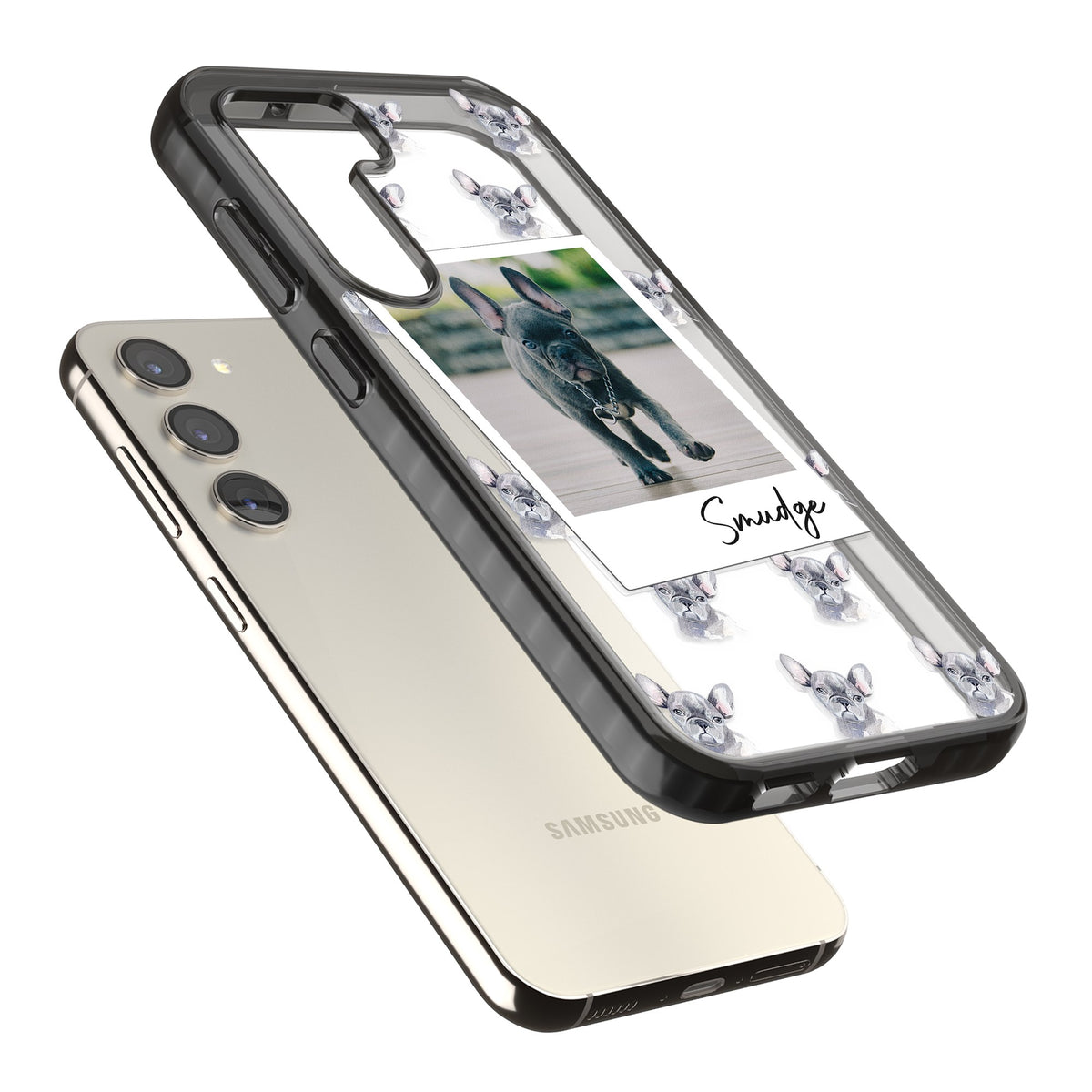 Personalised Grey French Bulldog Instant Camera Photo Samsung S22 / Samsung S22 Plus / Samsung S23 / Samsung S23 Plus / Samsung S24 / Samsung S24 Plus Impact Black Phone Case angled