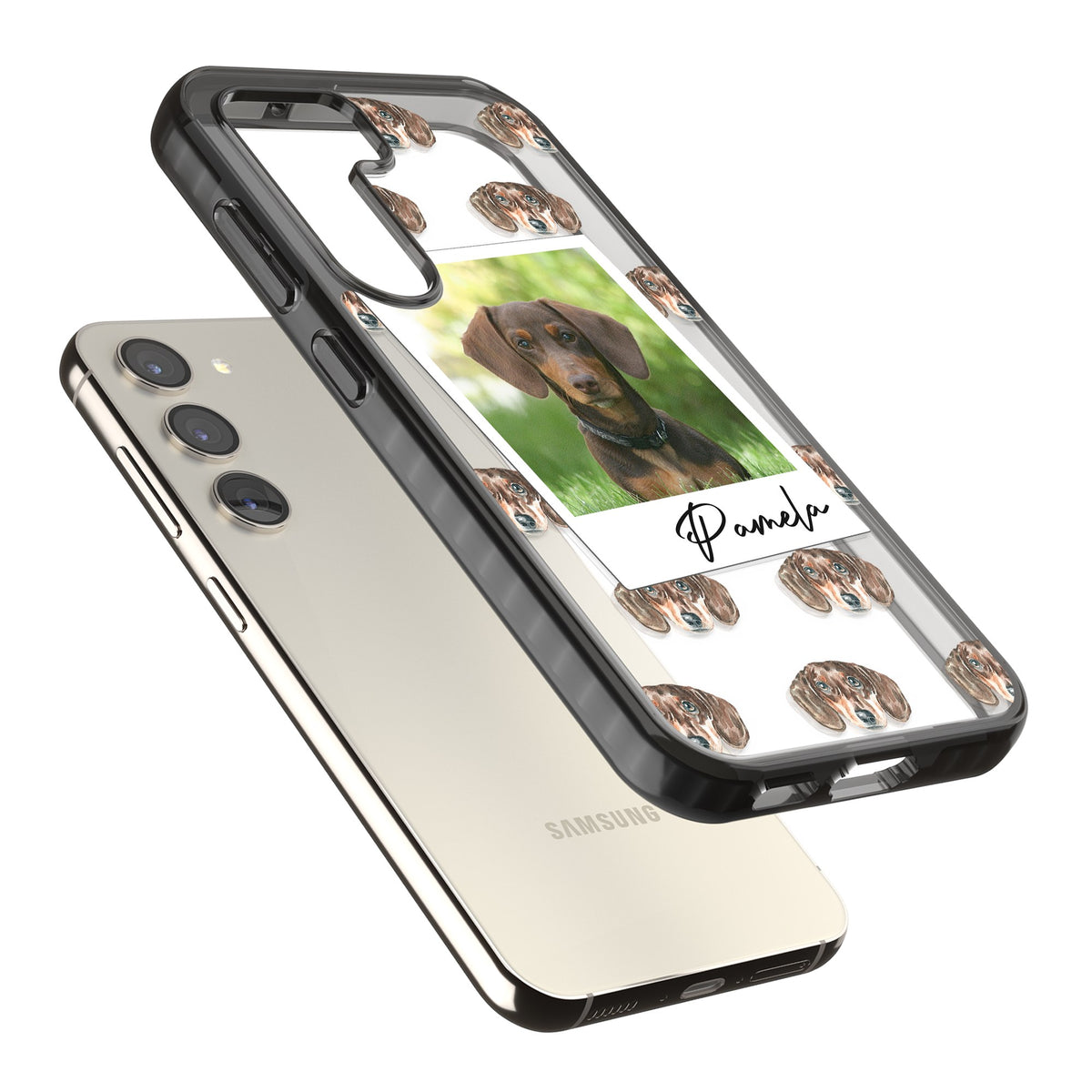 Personalised Brown Dachshund Instant Camera Photo Samsung S22 / Samsung S22 Plus / Samsung S23 / Samsung S23 Plus / Samsung S24 / Samsung S24 Plus Impact Black Phone Case angled