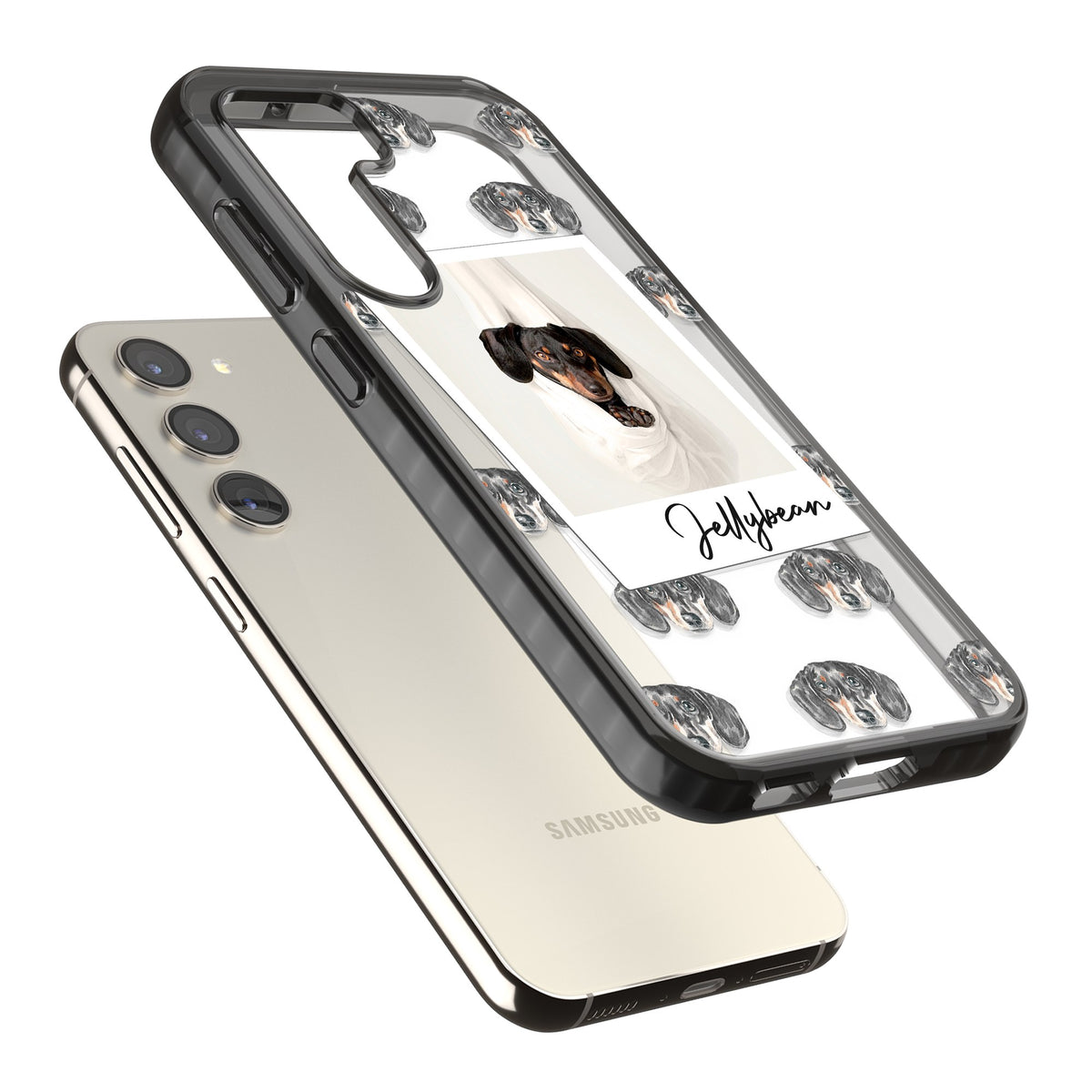 Personalised Black Dachshund Instant Camera Photo Samsung S22 / Samsung S22 Plus / Samsung S23 / Samsung S23 Plus / Samsung S24 / Samsung S24 Plus Impact Black Phone Case angled