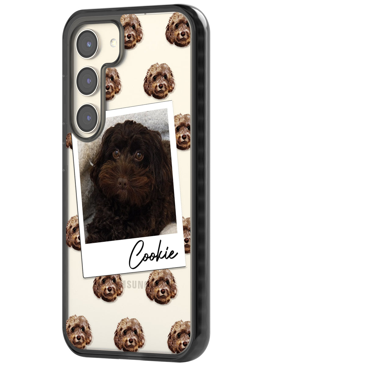 Personalised Brown Cockapoo Instant Camera Photo Samsung S22 / Samsung S22 Plus / Samsung S23 / Samsung S23 Plus / Samsung S24 / Samsung S24 Plus Impact Black Phone Case side