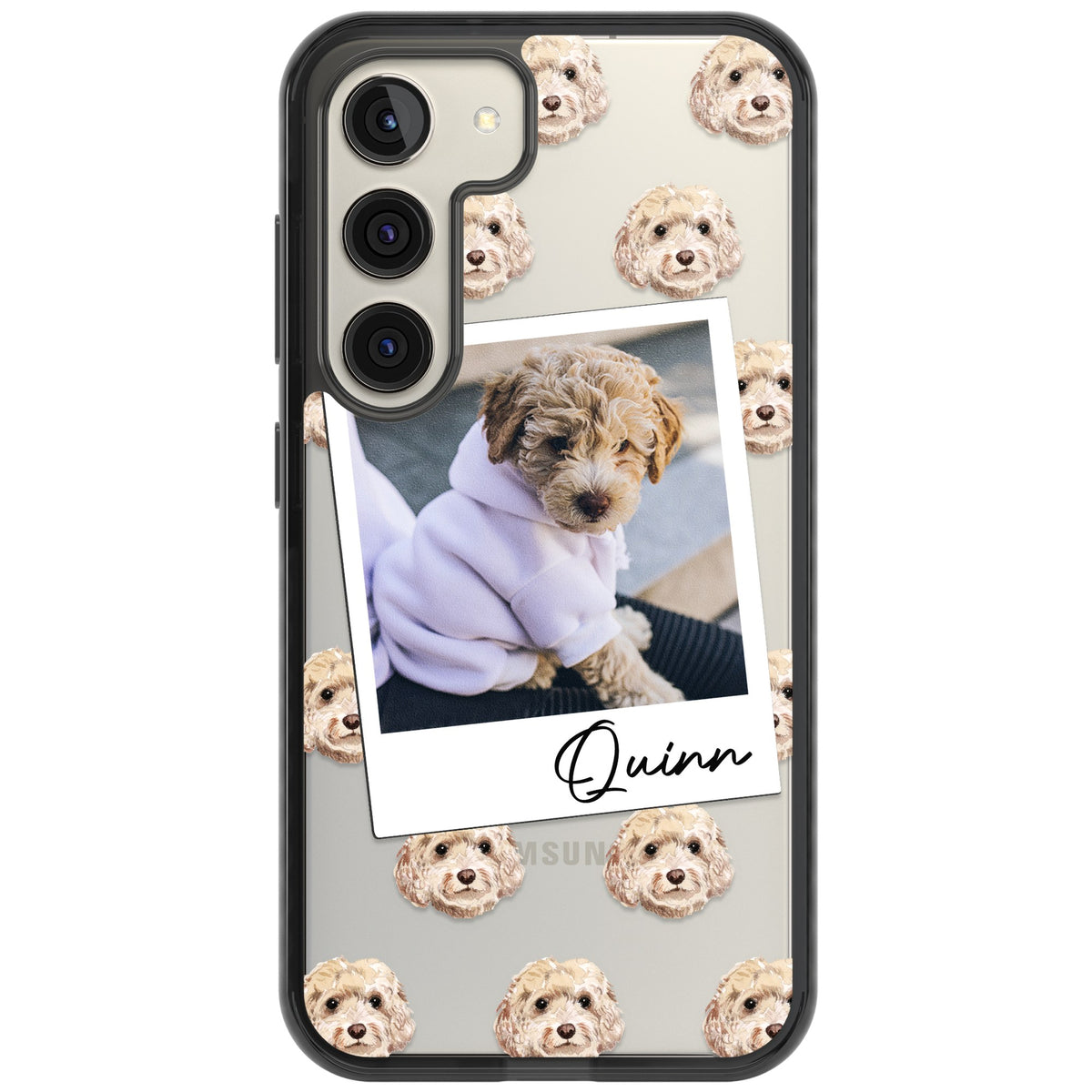 Personalised Cream Cockapoo Instant Camera Photo Samsung S22 / Samsung S22 Plus / Samsung S23 / Samsung S23 Plus / Samsung S24 / Samsung S24 Plus Impact Black Phone Case front