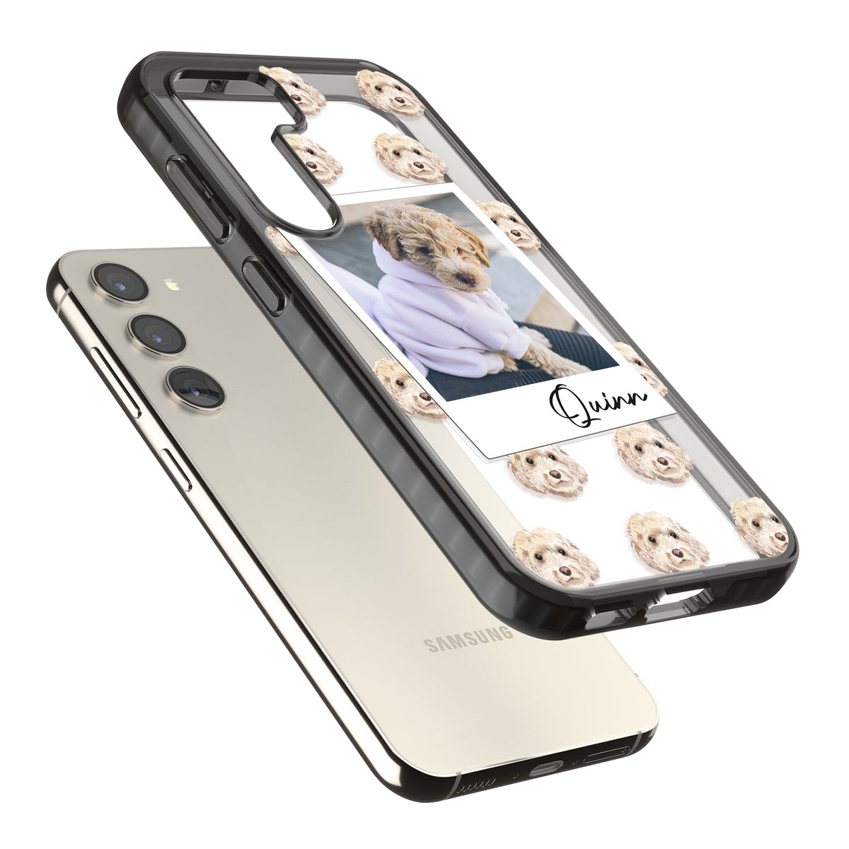 Personalised Cream Cockapoo Instant Camera Photo Samsung S22 / Samsung S22 Plus / Samsung S23 / Samsung S23 Plus / Samsung S24 / Samsung S24 Plus Impact Black Phone Case angled