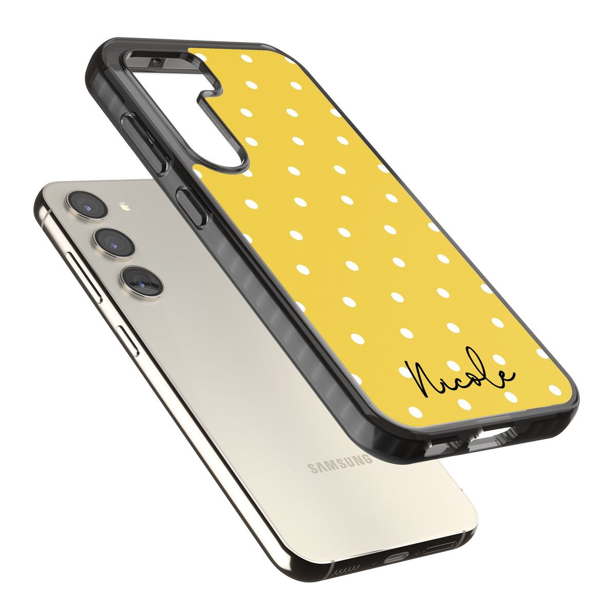 Personalised Yellow Polka Dot Samsung S22 / Samsung S22 Plus / Samsung S23 / Samsung S23 Plus / Samsung S24 / Samsung S24 Plus Impact Black Phone Case angled