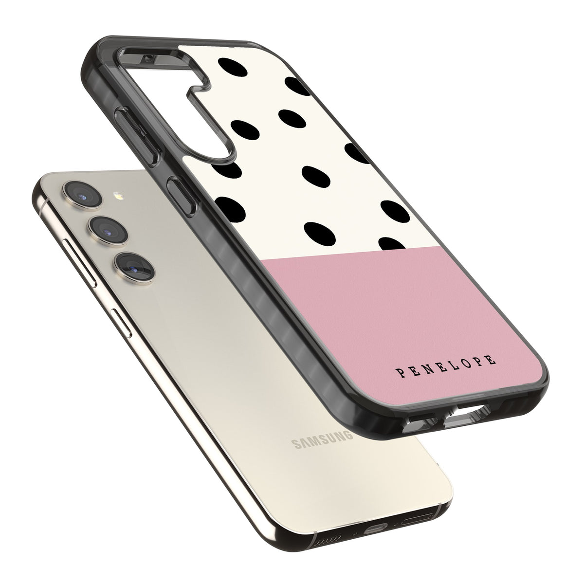 Penelope's Dots Samsung S22 / Samsung S22 Plus / Samsung S23 / Samsung S23 Plus / Samsung S24 / Samsung S24 Plus Impact Black Phone Case angled