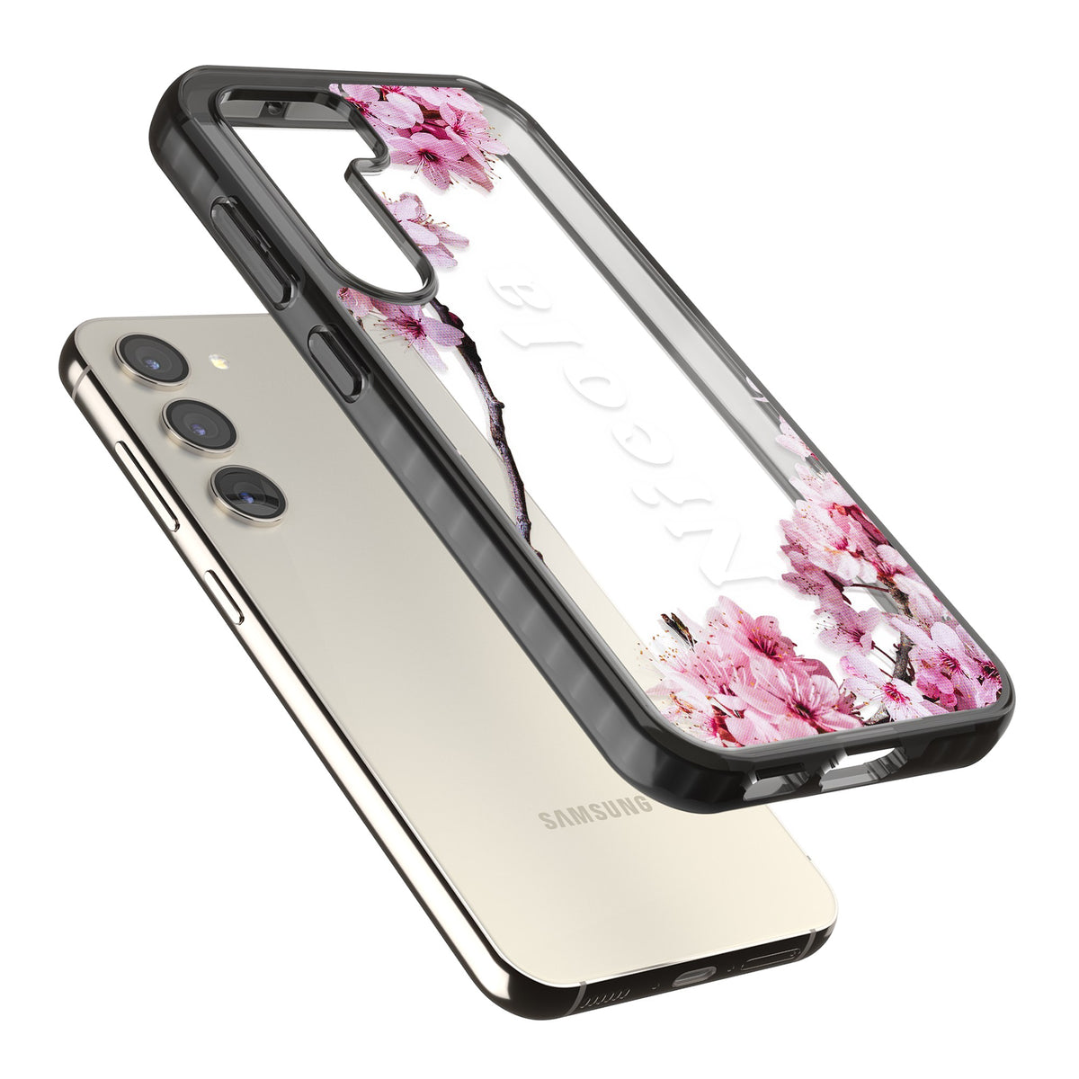 Personalised Cherry Blossom Samsung S22 / Samsung S22 Plus / Samsung S23 / Samsung S23 Plus / Samsung S24 / Samsung S24 Plus Impact Black Phone Case angled
