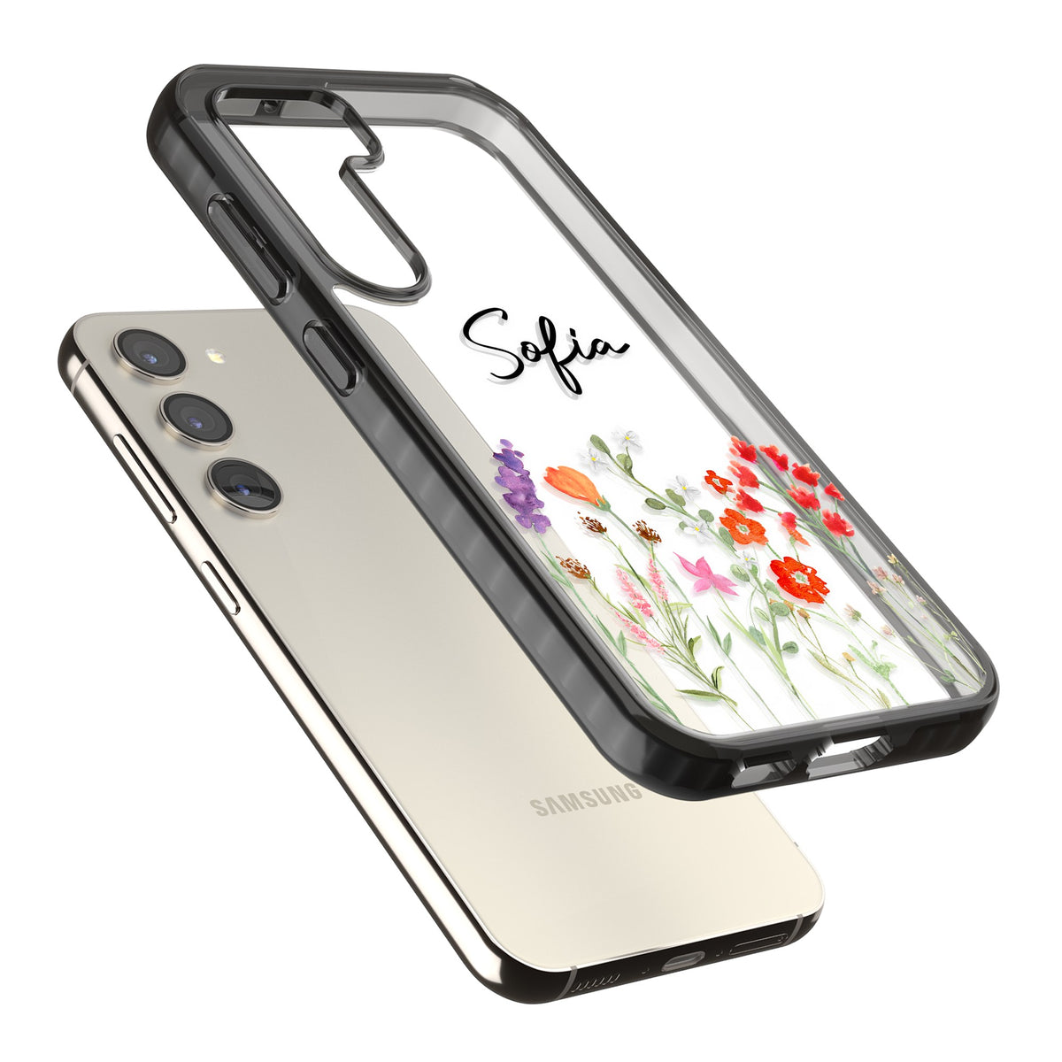 Personalised Spring Wildflowers Samsung S22 / Samsung S22 Plus / Samsung S23 / Samsung S23 Plus / Samsung S24 / Samsung S24 Plus Impact Black Phone Case angled