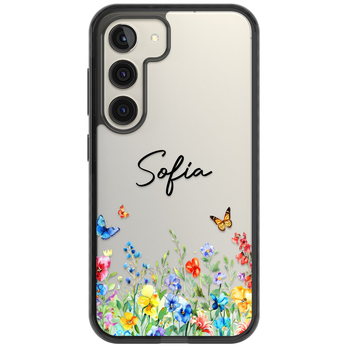 Personalised Buterflies Wildflowers Samsung S22 / Samsung S22 Plus / Samsung S23 / Samsung S23 Plus / Samsung S24 / Samsung S24 Plus Impact Black Phone Case front