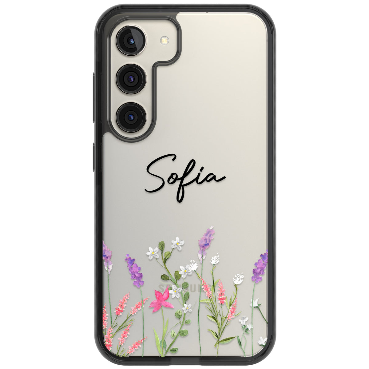 Personalised Lavender Wildflowers Samsung S22 / Samsung S22 Plus / Samsung S23 / Samsung S23 Plus / Samsung S24 / Samsung S24 Plus Impact Black Phone Case front