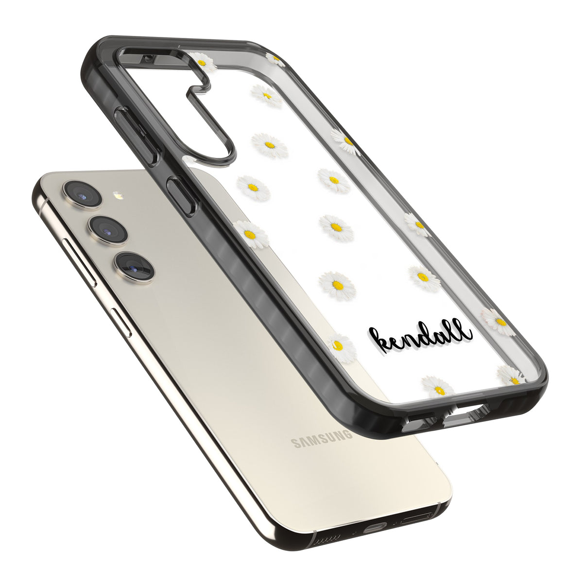 Personalised White Daisies & Cursive Samsung S22 / Samsung S22 Plus / Samsung S23 / Samsung S23 Plus / Samsung S24 / Samsung S24 Plus Impact Black Phone Case angled