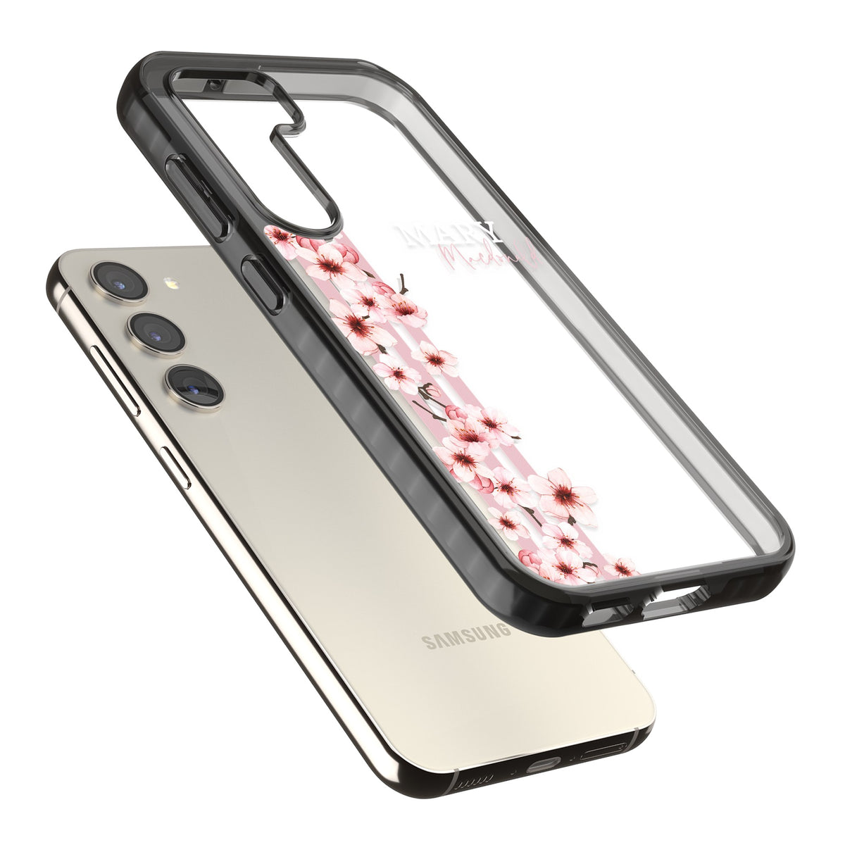 Personalised Cherry Blossom Stripe Samsung S22 / Samsung S22 Plus / Samsung S23 / Samsung S23 Plus / Samsung S24 / Samsung S24 Plus Impact Black Phone Case angled