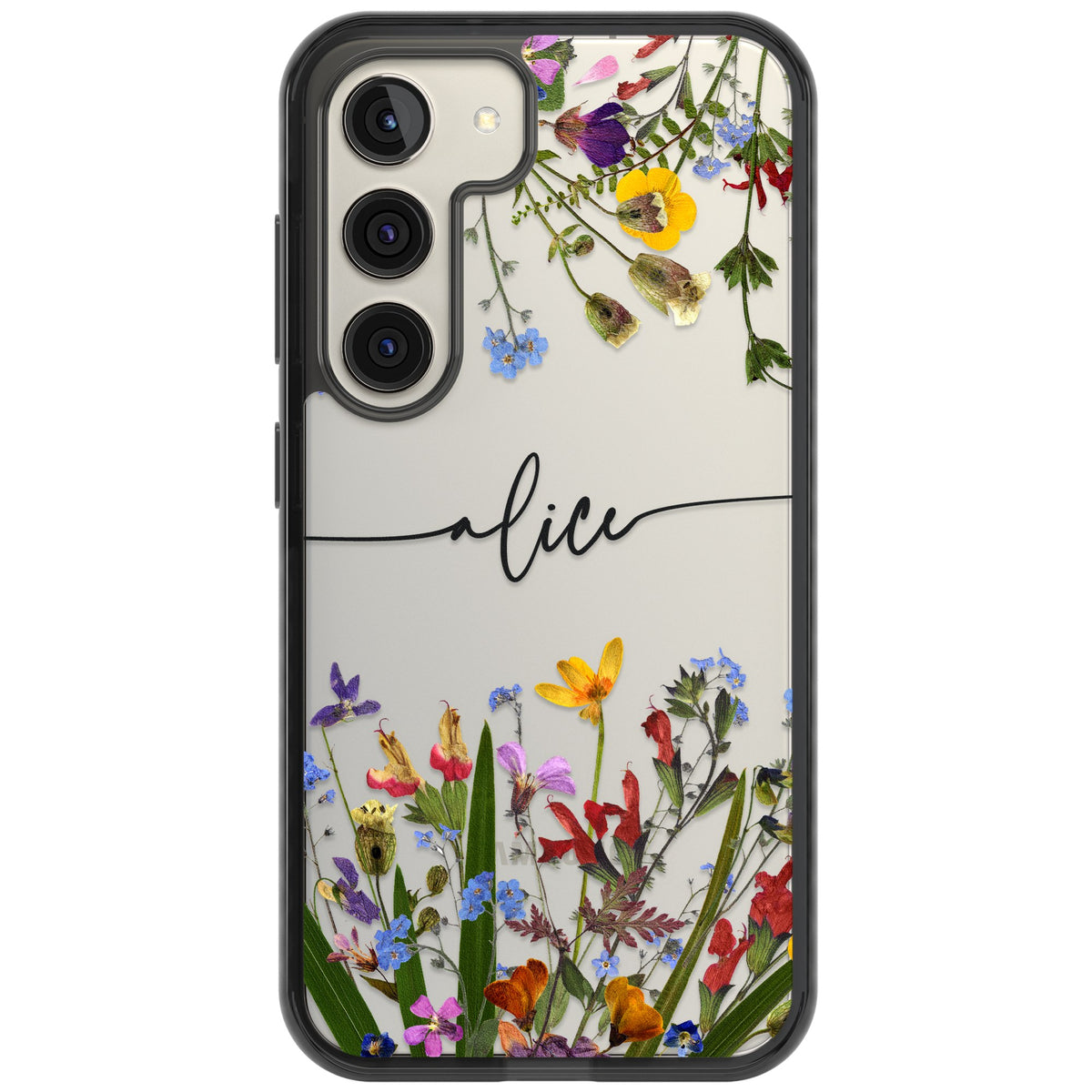 Personalised Wildflower Name Samsung S22 / Samsung S22 Plus / Samsung S23 / Samsung S23 Plus / Samsung S24 / Samsung S24 Plus Impact Black Phone Case front
