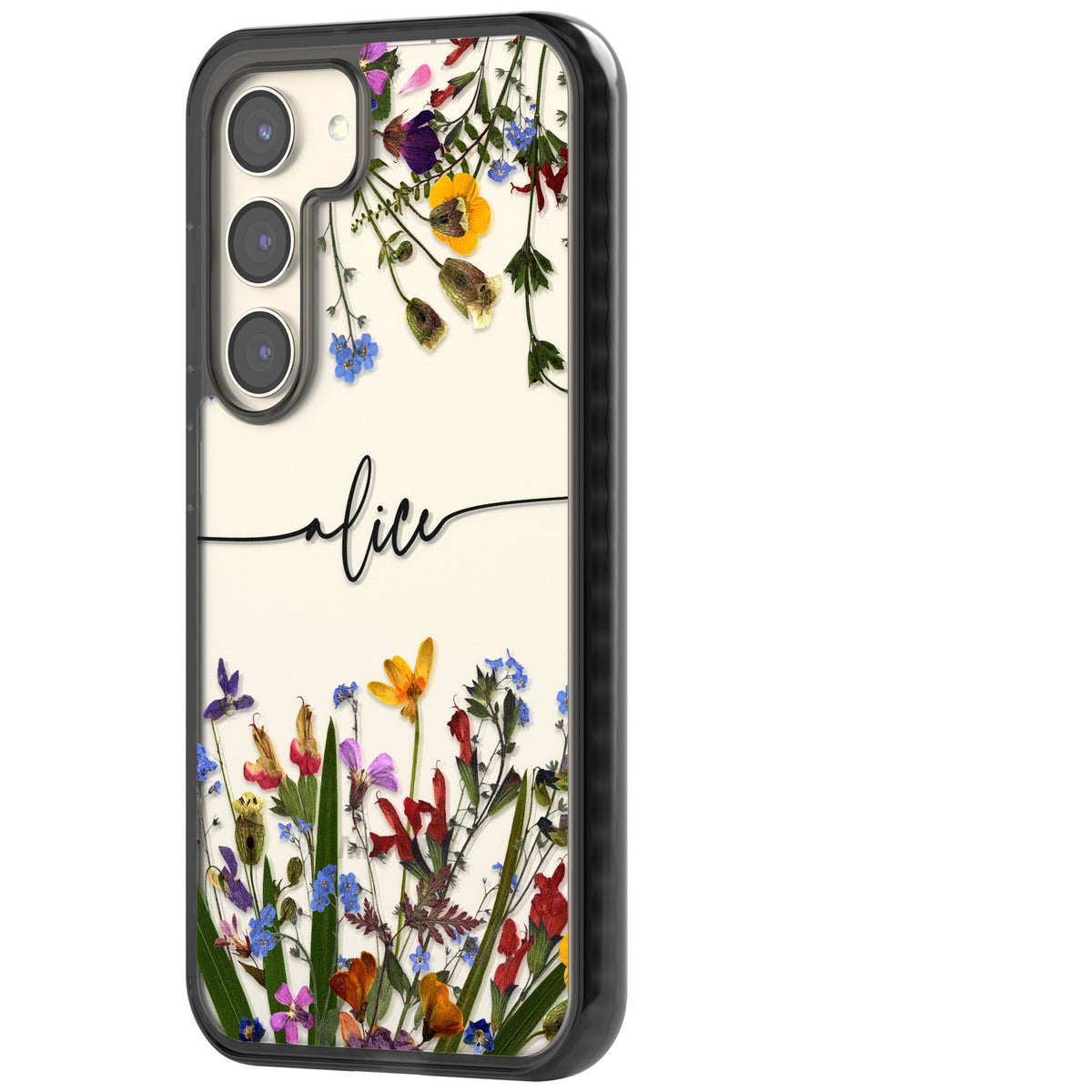 Personalised Wildflower Name Samsung S22 / Samsung S22 Plus / Samsung S23 / Samsung S23 Plus / Samsung S24 / Samsung S24 Plus Impact Black Phone Case side