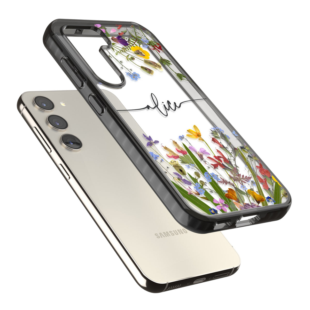 Personalised Wildflower Name Samsung S22 / Samsung S22 Plus / Samsung S23 / Samsung S23 Plus / Samsung S24 / Samsung S24 Plus Impact Black Phone Case angled