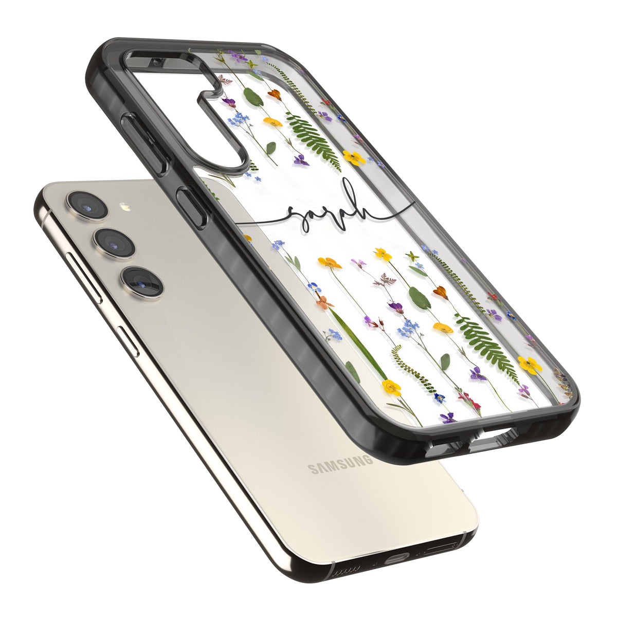 Personalised Wildflower Chain Samsung S22 / Samsung S22 Plus / Samsung S23 / Samsung S23 Plus / Samsung S24 / Samsung S24 Plus Impact Black Phone Case angled