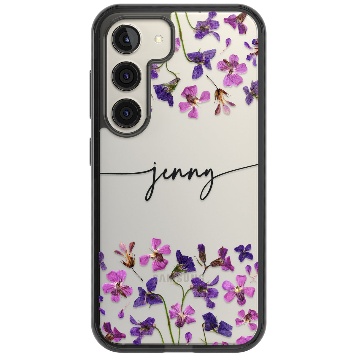 Personalised Purple Wildflowers Samsung S22 / Samsung S22 Plus / Samsung S23 / Samsung S23 Plus / Samsung S24 / Samsung S24 Plus Impact Black Phone Case front