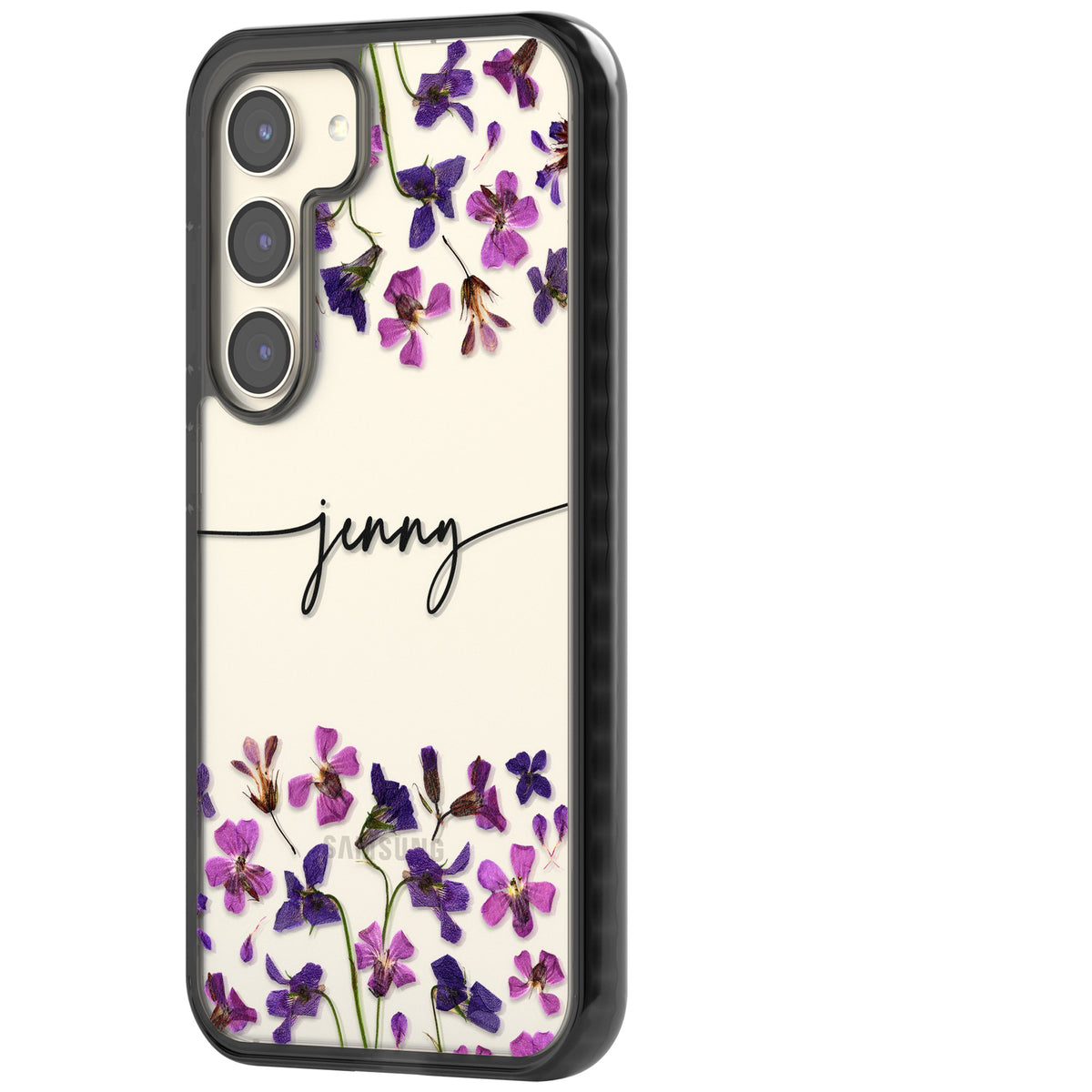 Personalised Purple Wildflowers Samsung S22 / Samsung S22 Plus / Samsung S23 / Samsung S23 Plus / Samsung S24 / Samsung S24 Plus Impact Black Phone Case side
