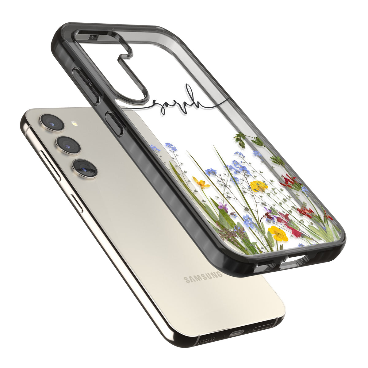 Personalised Wildflower Script Samsung S22 / Samsung S22 Plus / Samsung S23 / Samsung S23 Plus / Samsung S24 / Samsung S24 Plus Impact Black Phone Case angled