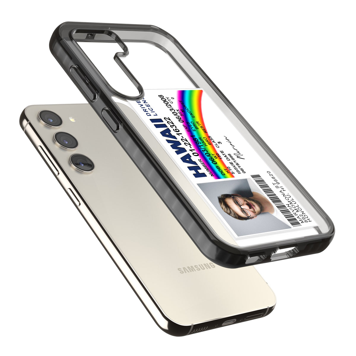 Personalised Hawaii Driving License Samsung S22 / Samsung S22 Plus / Samsung S23 / Samsung S23 Plus / Samsung S24 / Samsung S24 Plus Impact Black Phone Case angled