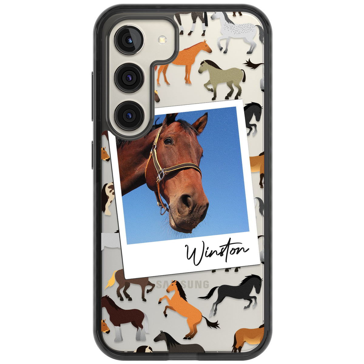Personalised Horse Polaroid Samsung S22 / Samsung S22 Plus / Samsung S23 / Samsung S23 Plus / Samsung S24 / Samsung S24 Plus Impact Black Phone Case front