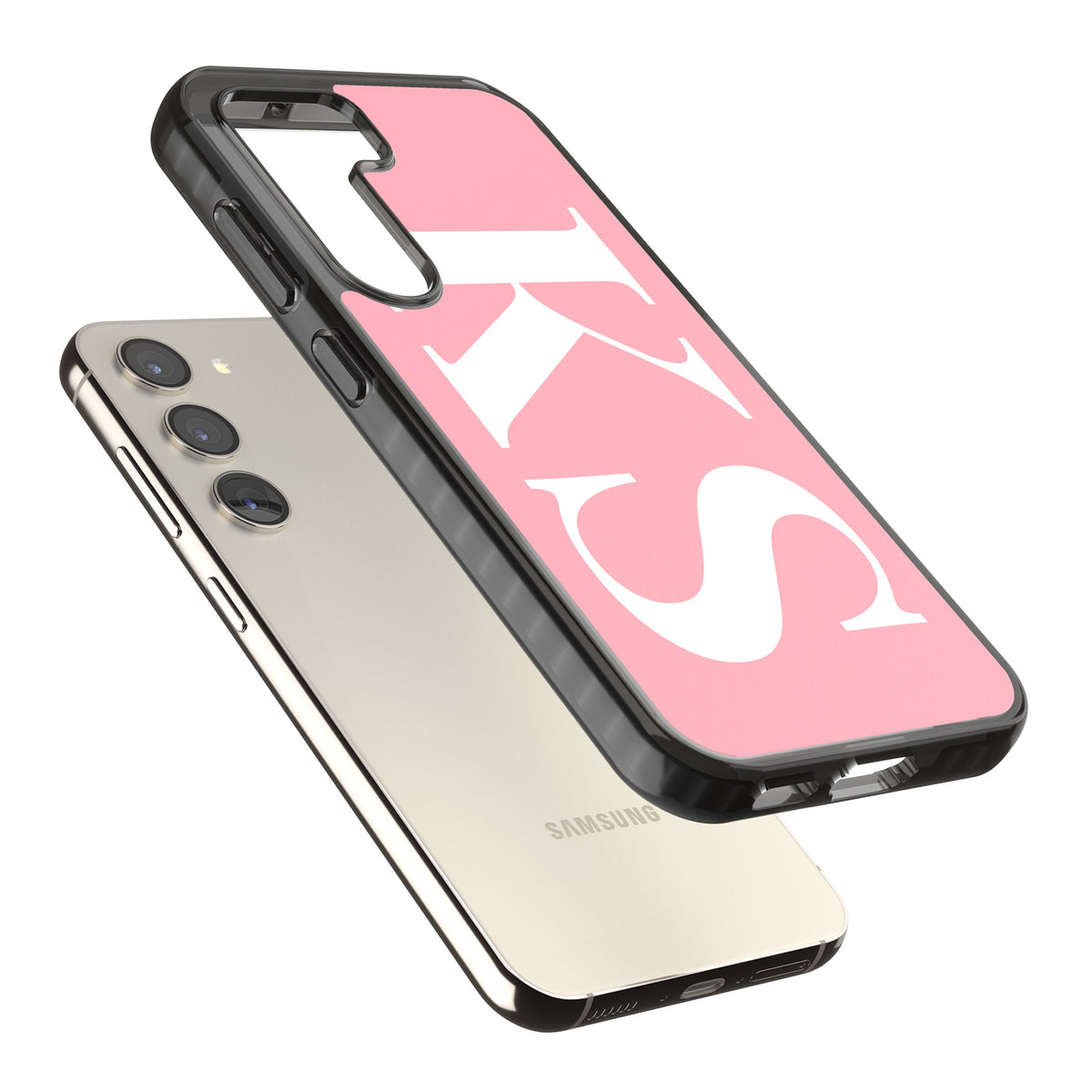 Personalised White & Pink Letters Samsung S22 / Samsung S22 Plus / Samsung S23 / Samsung S23 Plus / Samsung S24 / Samsung S24 Plus Impact Black Phone Case angled