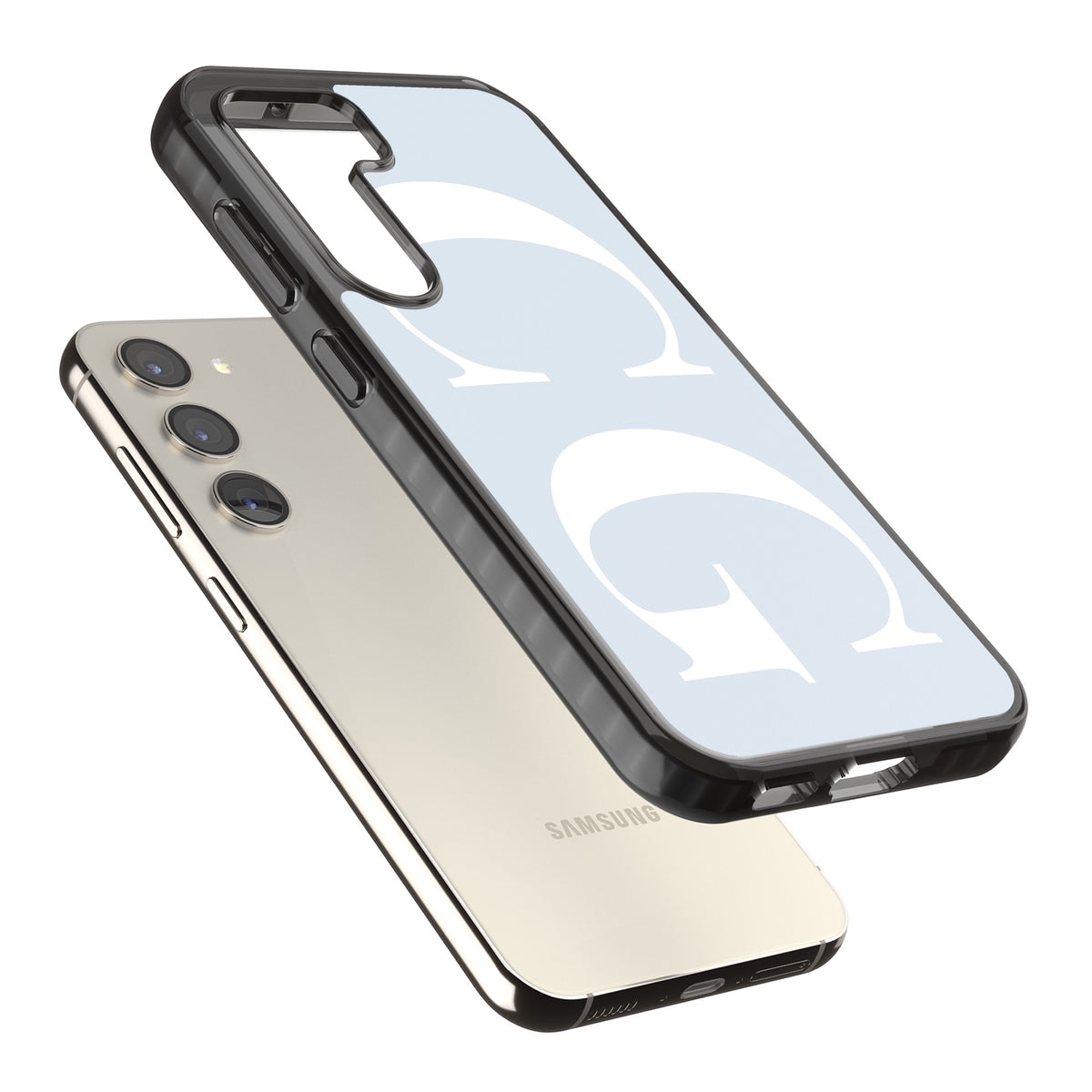 Personalised White & Blue Letters Samsung S22 / Samsung S22 Plus / Samsung S23 / Samsung S23 Plus / Samsung S24 / Samsung S24 Plus Impact Black Phone Case angled
