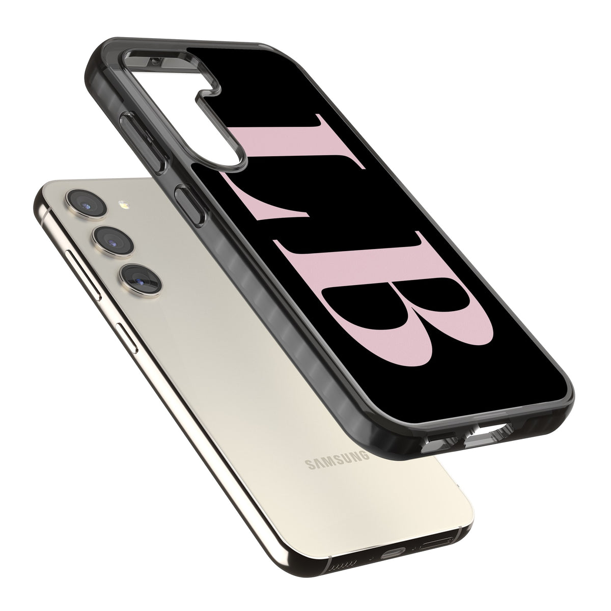 Personalised Pink & Black Letters Samsung S22 / Samsung S22 Plus / Samsung S23 / Samsung S23 Plus / Samsung S24 / Samsung S24 Plus Impact Black Phone Case angled